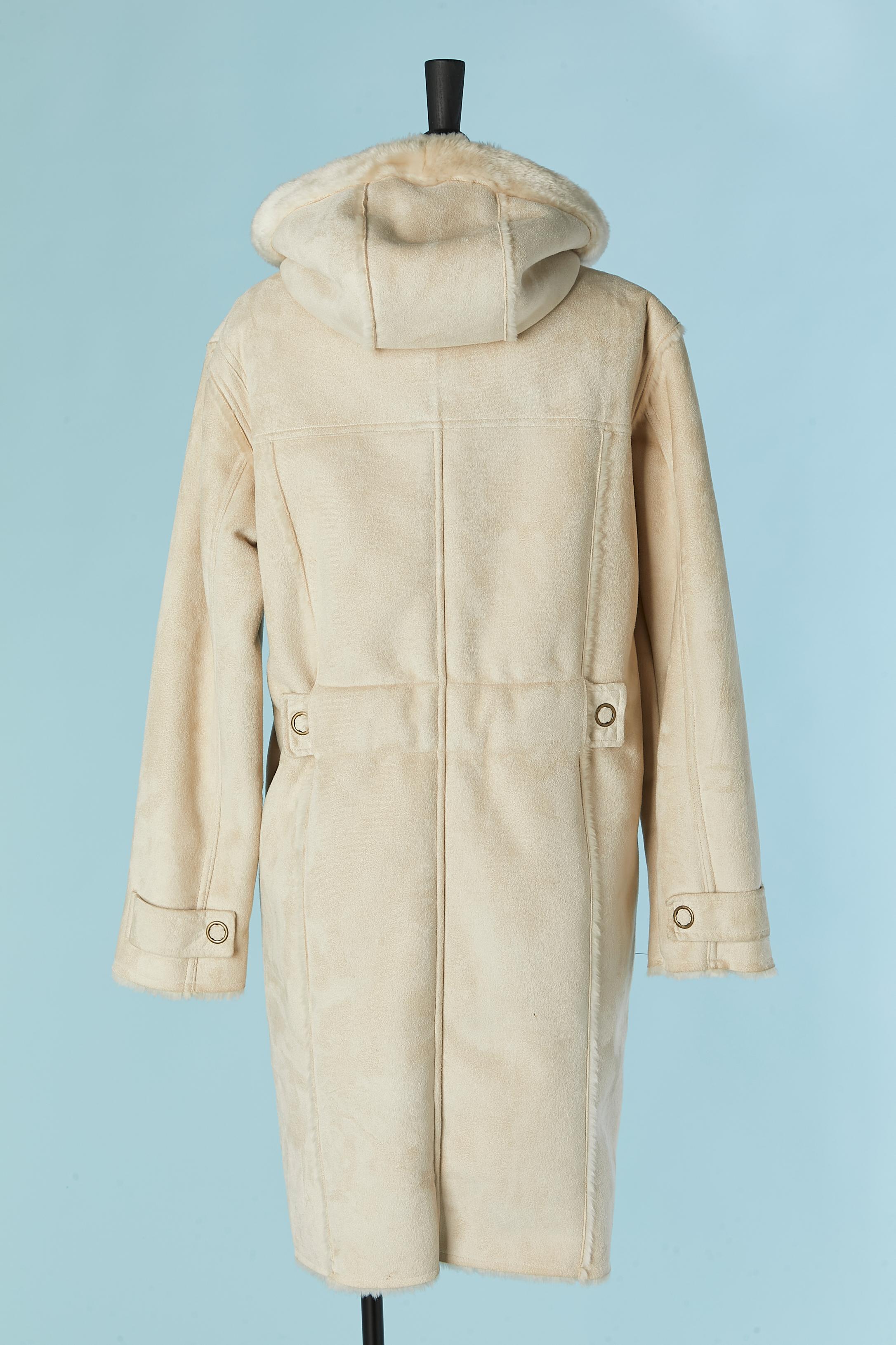 Beige Suedine duffle-coat with hood and Faux-fur inside DOROTENNIS For Sale 3