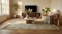 Beige Tabriz Wool Hand Knotted Rug 9 ft x 12 ft , Stone Medallion Elegance