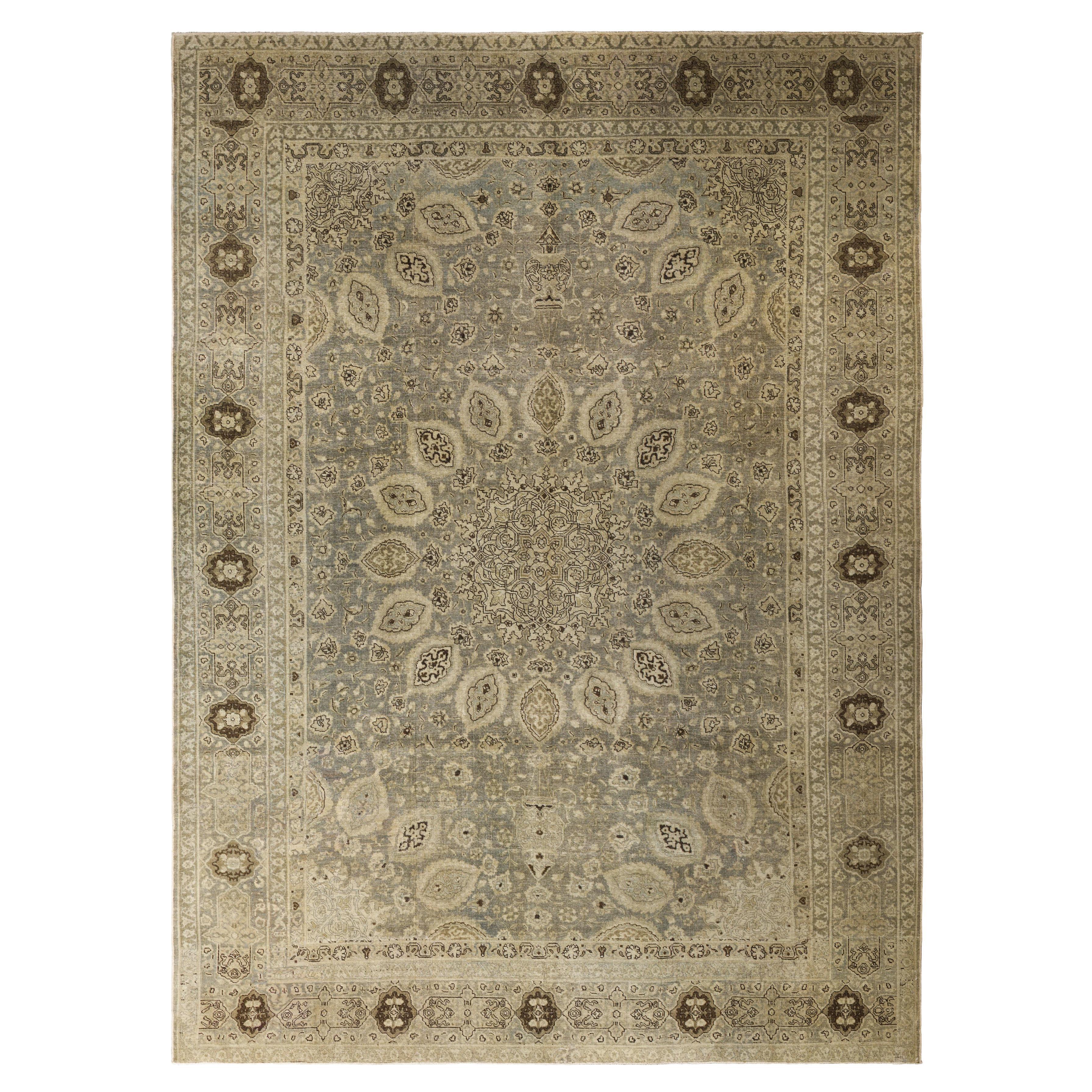 Beige Tabriz Wool Hand Knotted Rug 9 ft x 12 ft , Stone Medallion Elegance For Sale