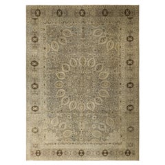 Beige Tabriz Wool Hand Knotted Rug 9 ft x 12 ft , Stone Medallion Elegance