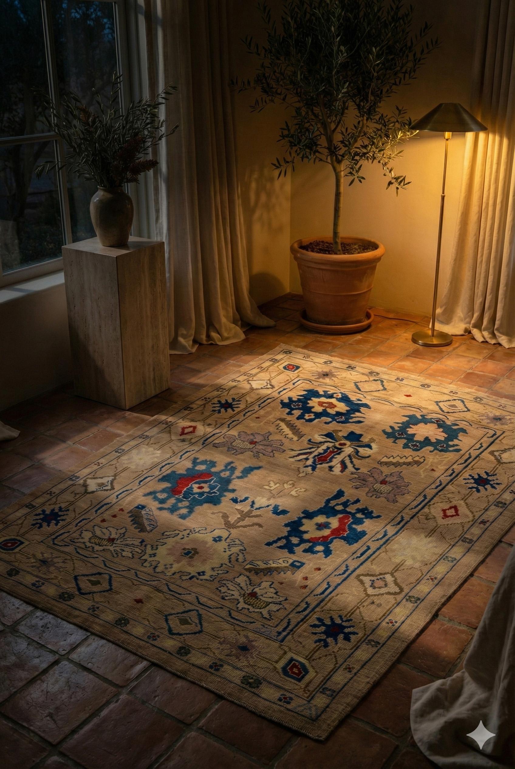 Handgeknüpft im Stil der zeitgenössischen persischen Oushak-Weberei, zeichnet sich dieser einzigartige Wollteppich durch eine ausgewogene mittlere Größe von ca. 5 ft 4 in x 6 ft 10 in (ca. 163 cm x 208 cm) aus. Durch seine Raumgrößenproportionen ist