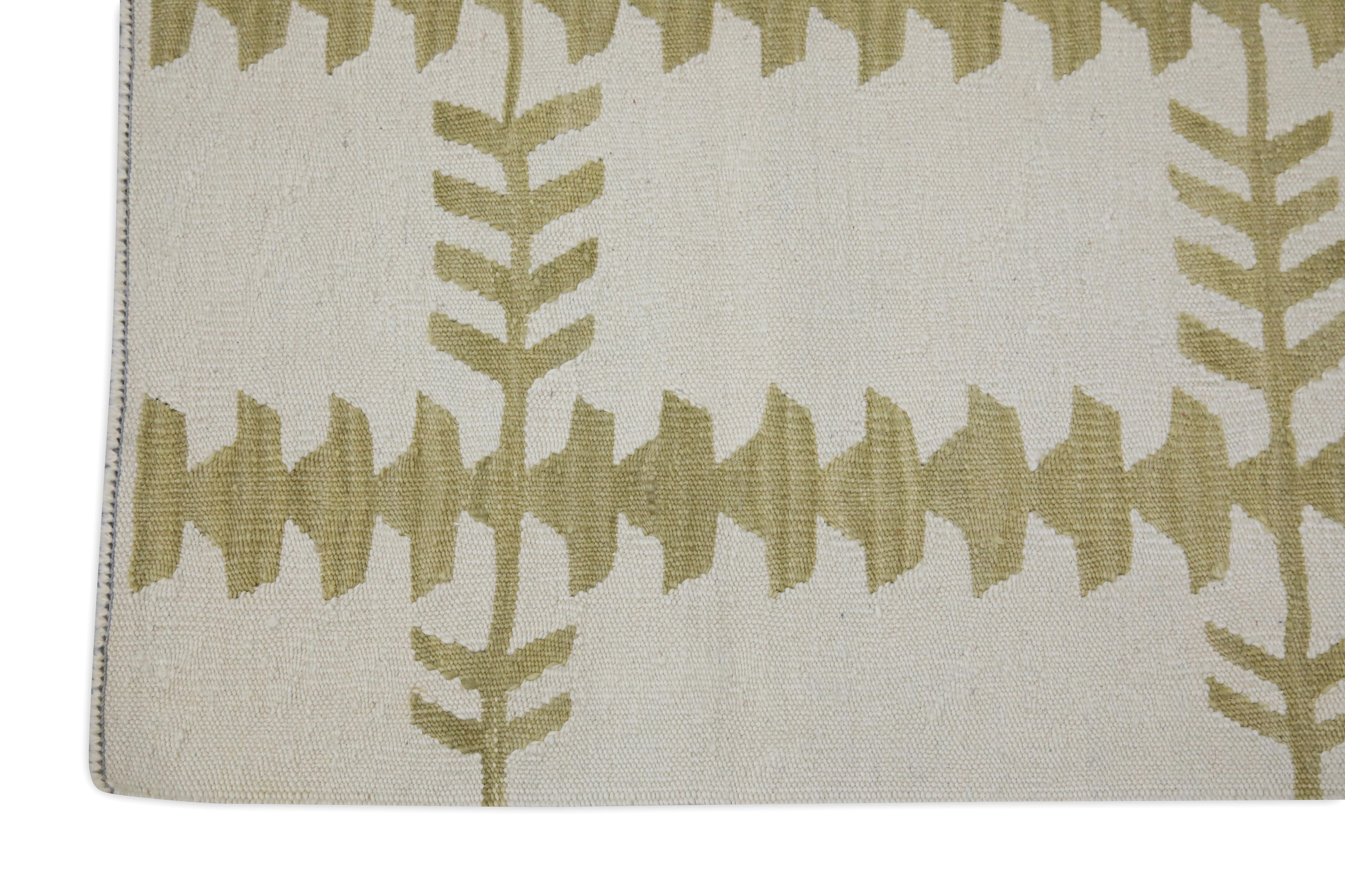 Moderner handgefertigter Flachgewebe-Wollteppich in Beige & Hellbraun 2'11