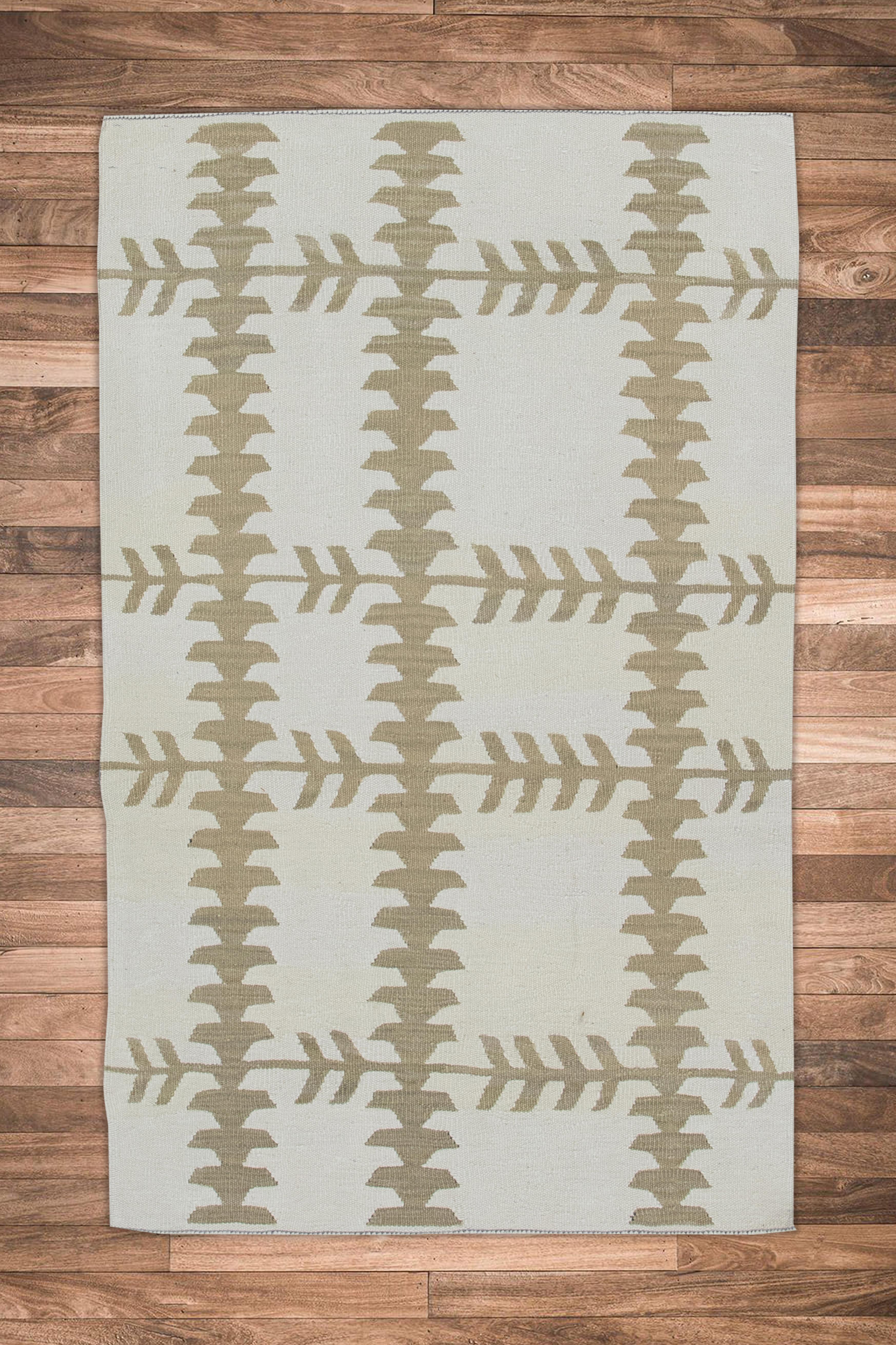Moderner handgefertigter Flachgewebe-Wollteppich in Beige & Hellbraun 2'11