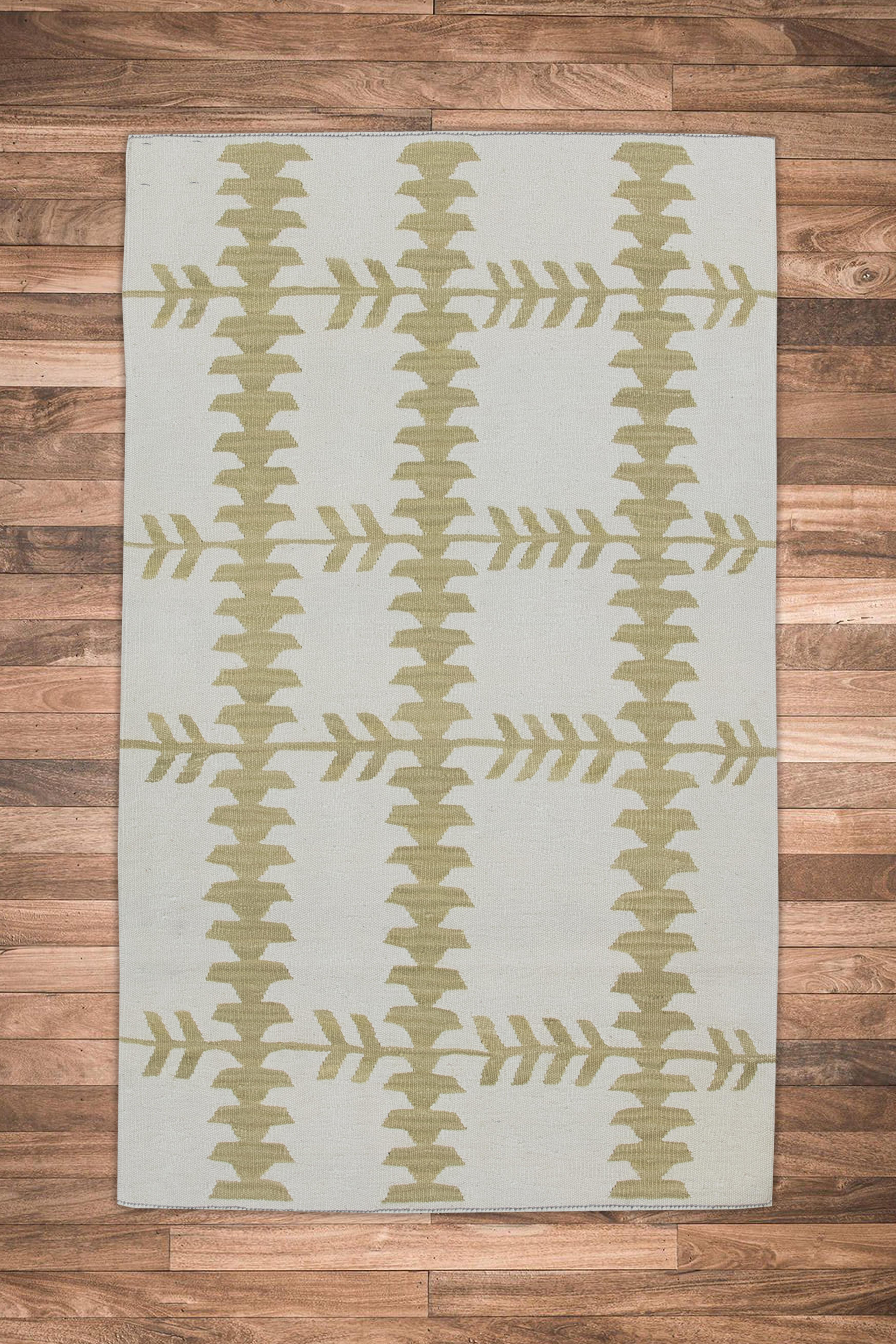Moderner handgefertigter Flachgewebe-Wollteppich in Beige & Hellbraun 2'11