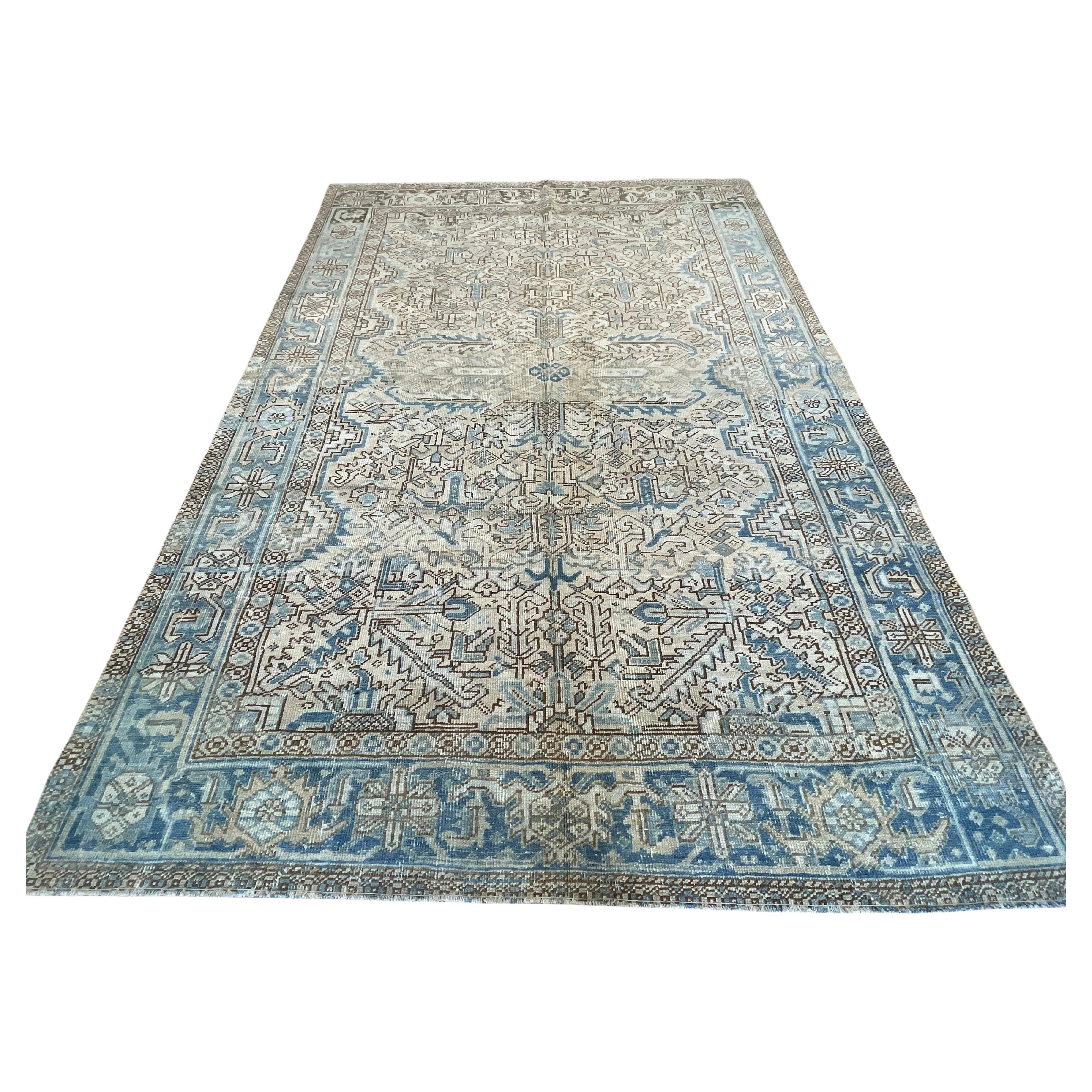 Alfombra Turca Beige Topo y Azul Diseño Geométrico