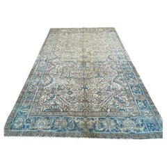 Beige Taupe and Blue Geometric Design Turkish Rug
