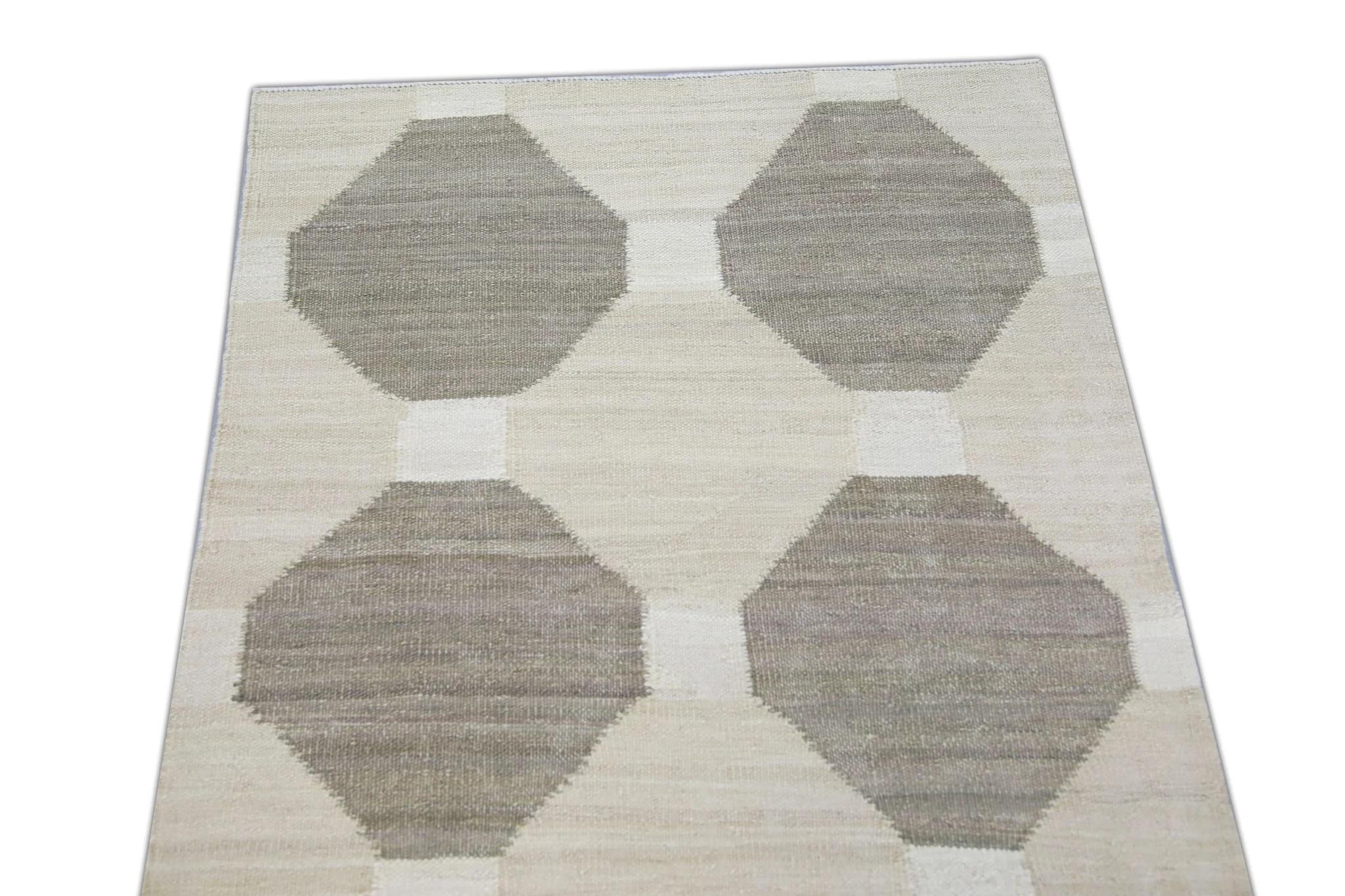 Handgefertigter Flachgewebe-Woll-Läufer in Beige & Taupe 3' x 12'5