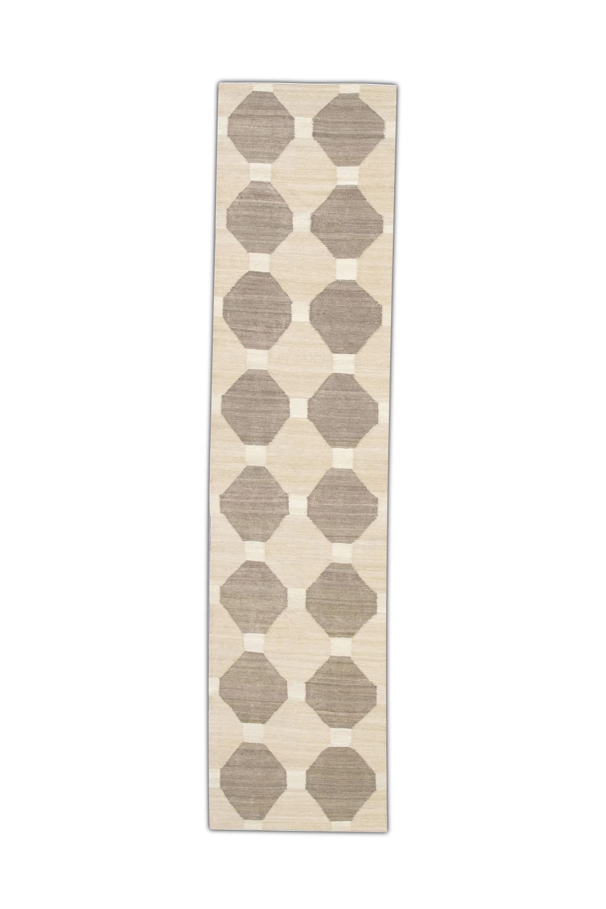 Contemporary Beige & Taupe Flatweave Handmade Wool Runner 3' x 12'5