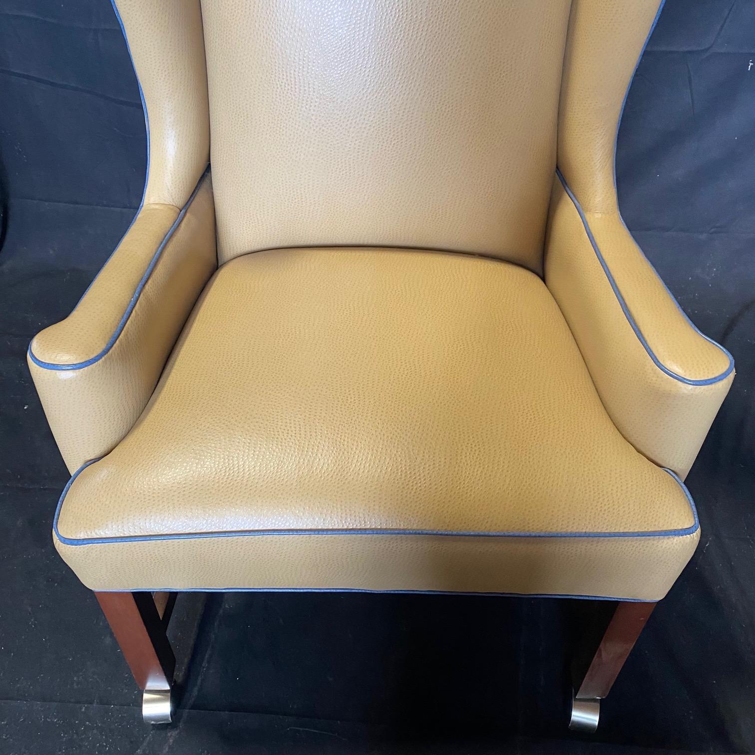 Beige & Teal George III Style Leather Snakeskin Wing Chair In Good Condition For Sale In Hopewell, NJ