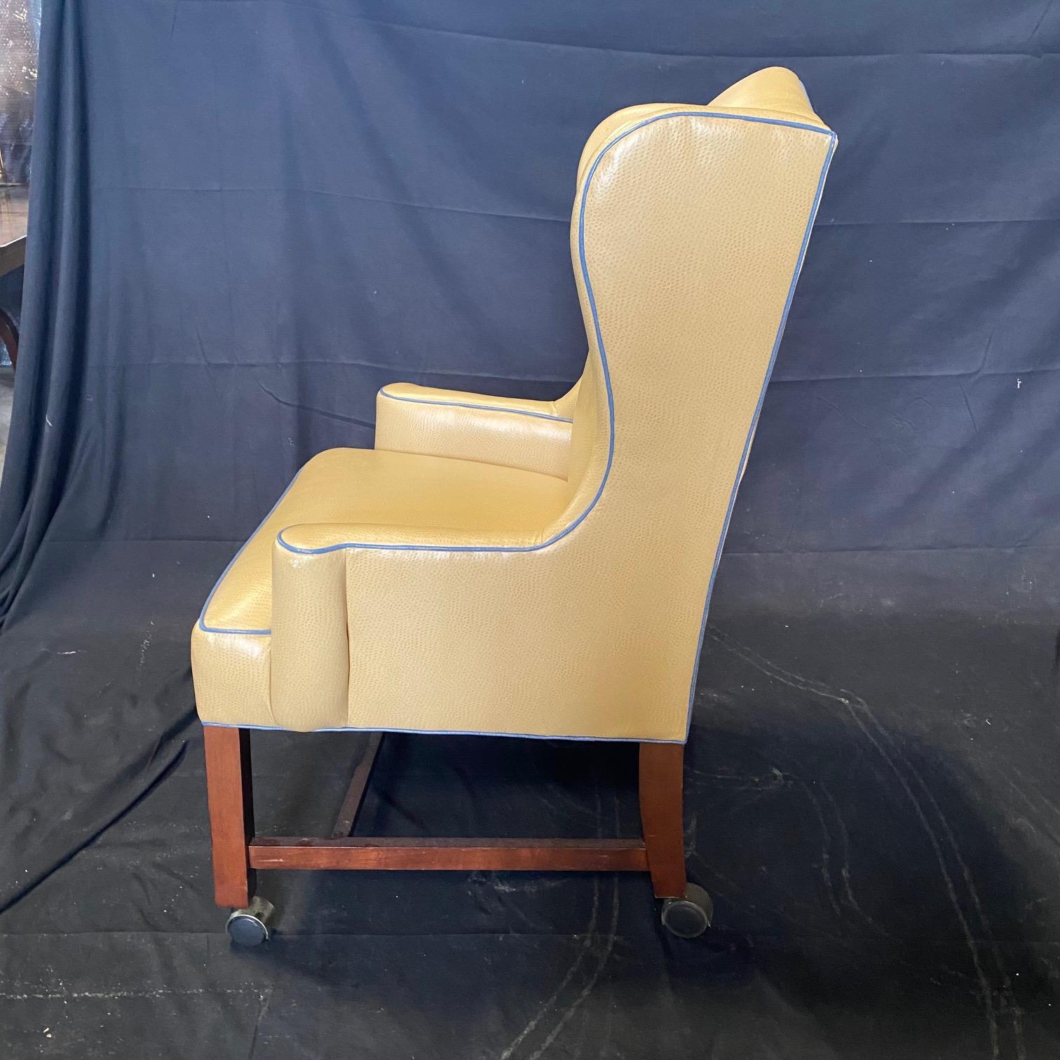 Beige & Teal George III Style Leather Snakeskin Wing Chair For Sale 1