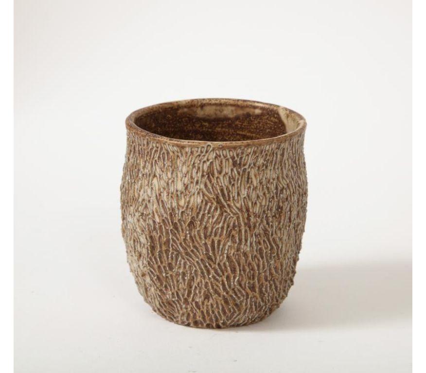 Beige Textured Glazed Ceramic Cup For Sale 4