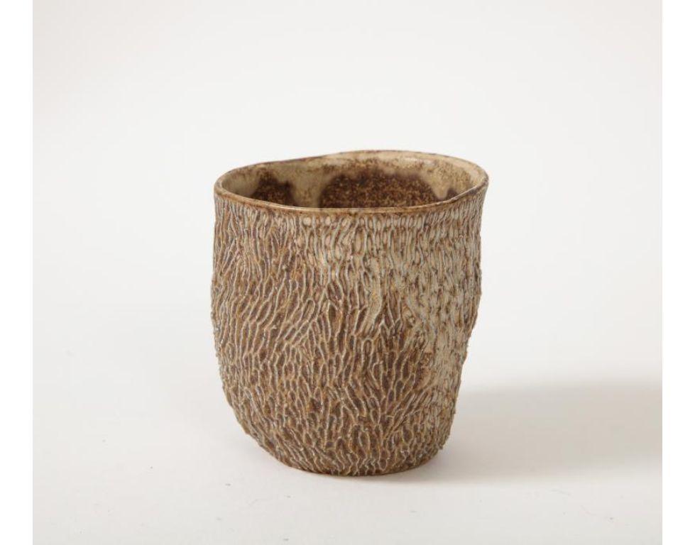 Beige Textured Glazed Ceramic Cup For Sale 6