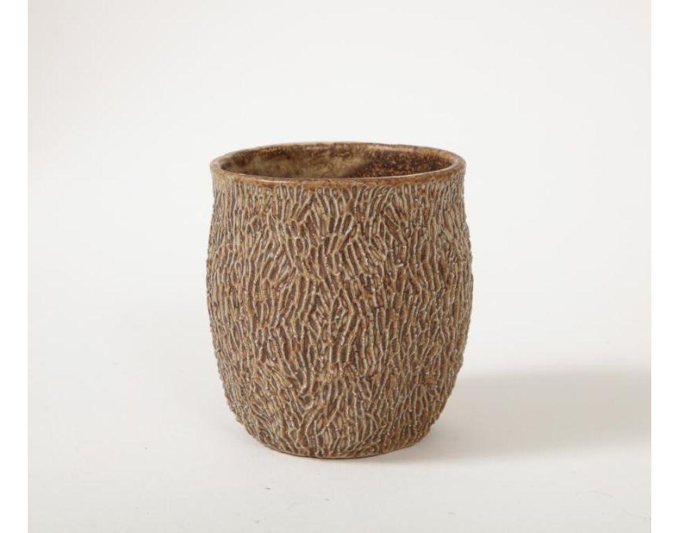 Beige Textured Glazed Ceramic Cup For Sale 1