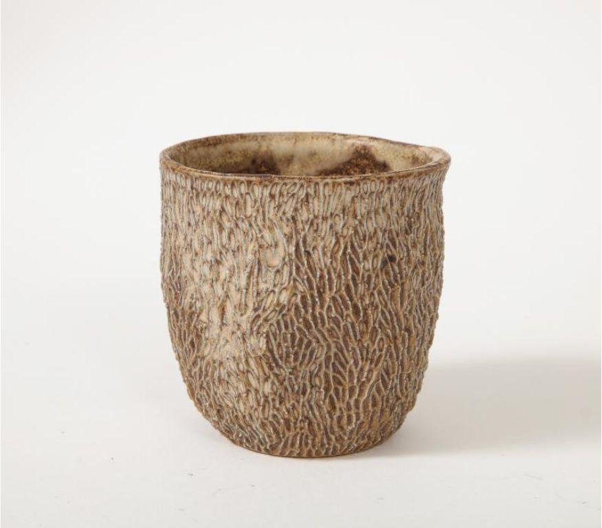 Beige Textured Glazed Ceramic Cup For Sale 2