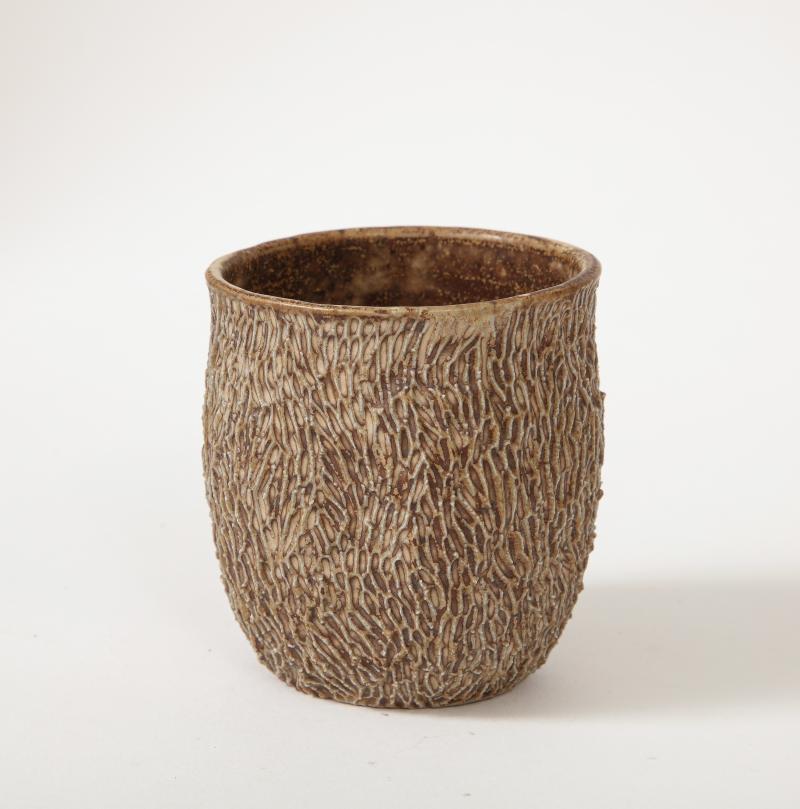 Beige Textured Glazed Ceramic Cup For Sale 3
