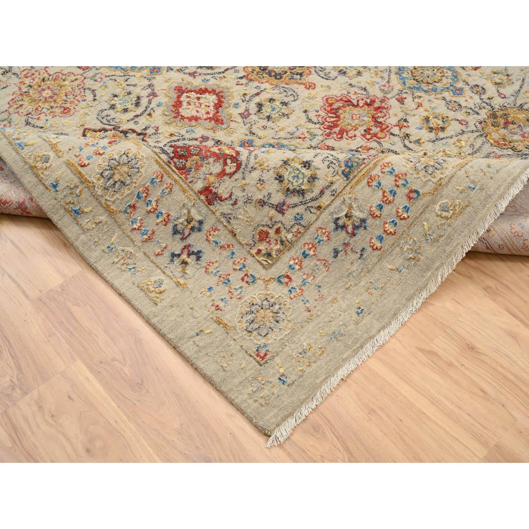 Handgeknüpfter Teppich aus Wolle und Seide in Beige, THE SUNset ROSETTES, weiche Farben, 8'0