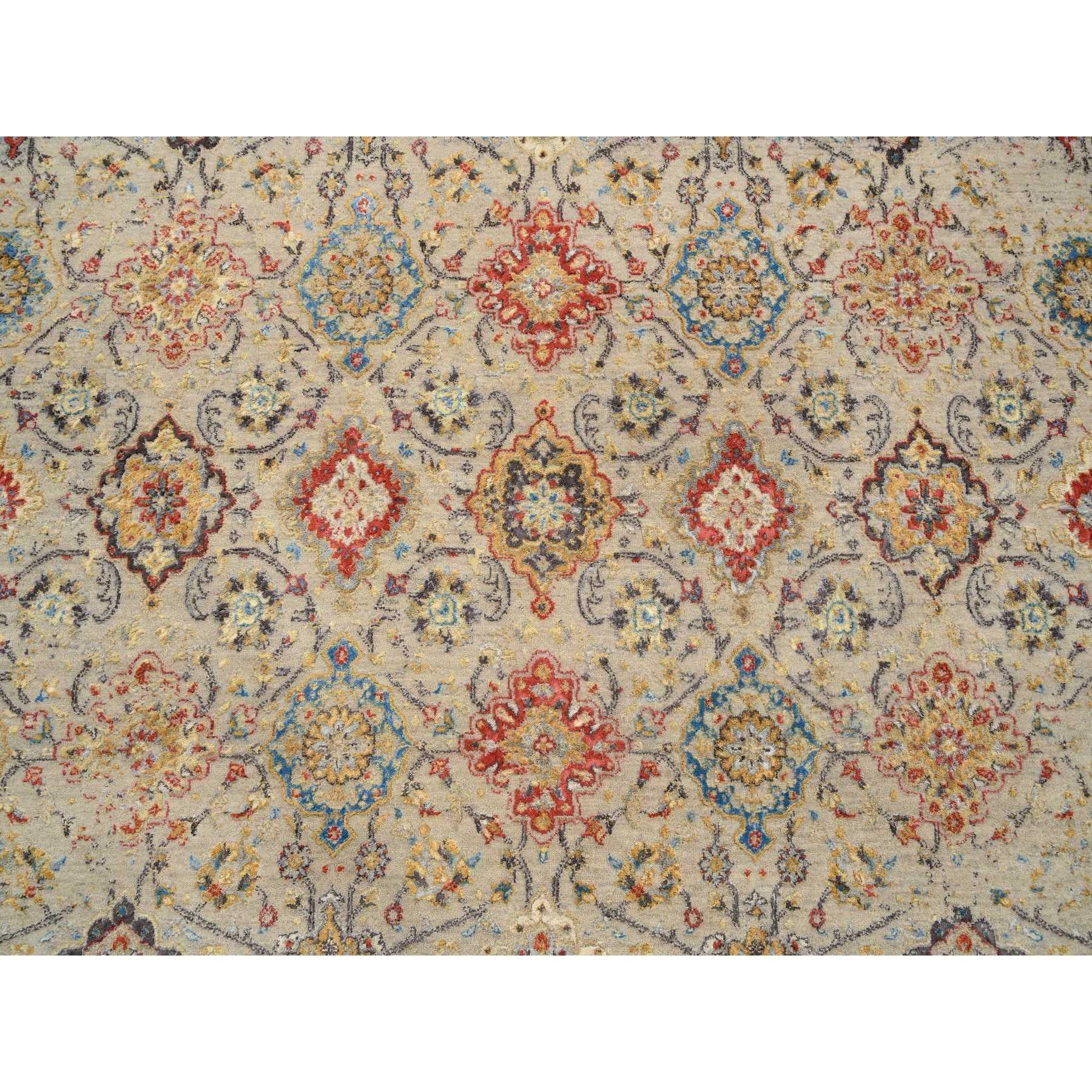 Handgeknüpfter Teppich aus Wolle und Seide in Beige, THE SUNset ROSETTES, weiche Farben, 8'0