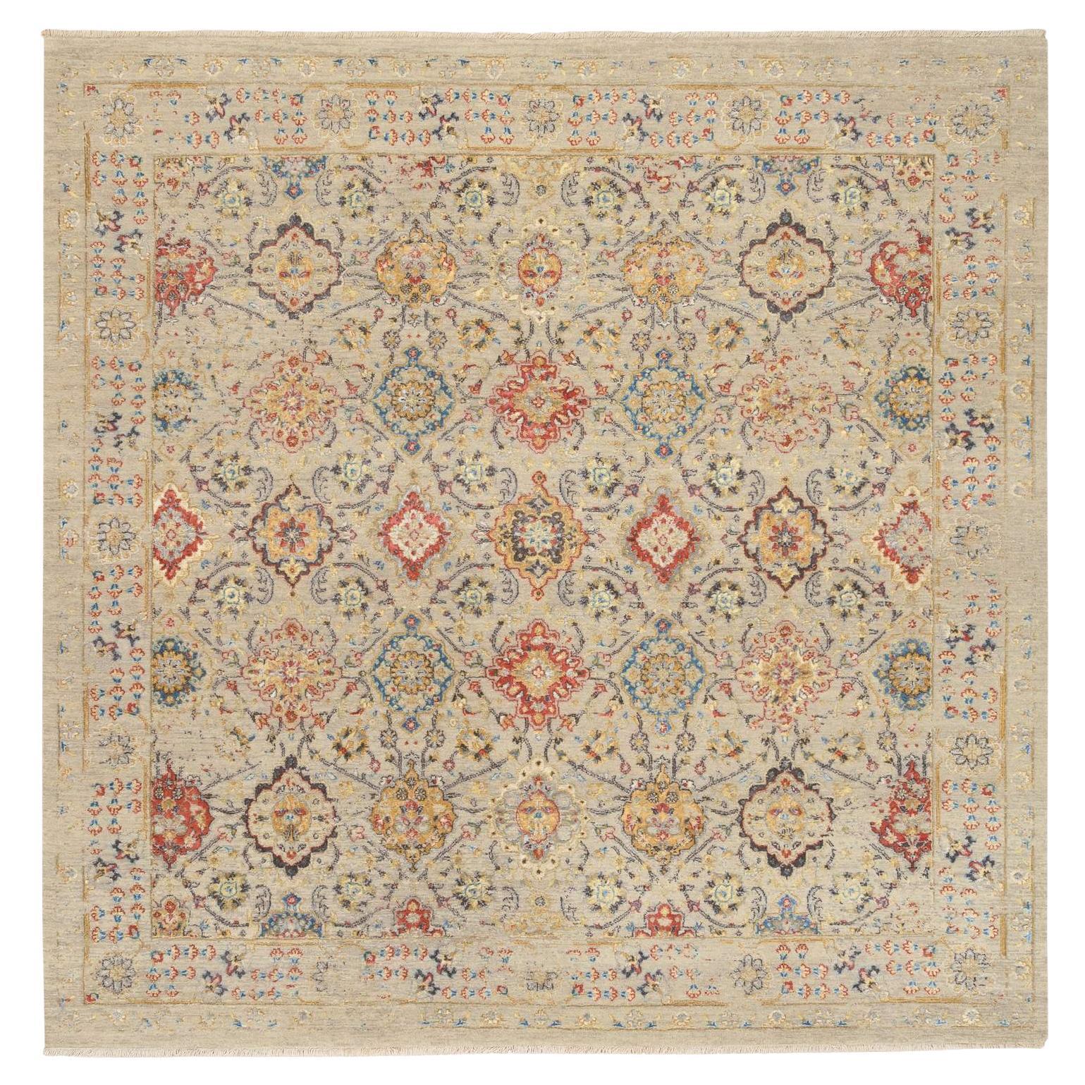 Beige THE SUNSET ROSETTES Soft Colors Wool & Silk Hand Knots Rugs 8'0" x 8'1"