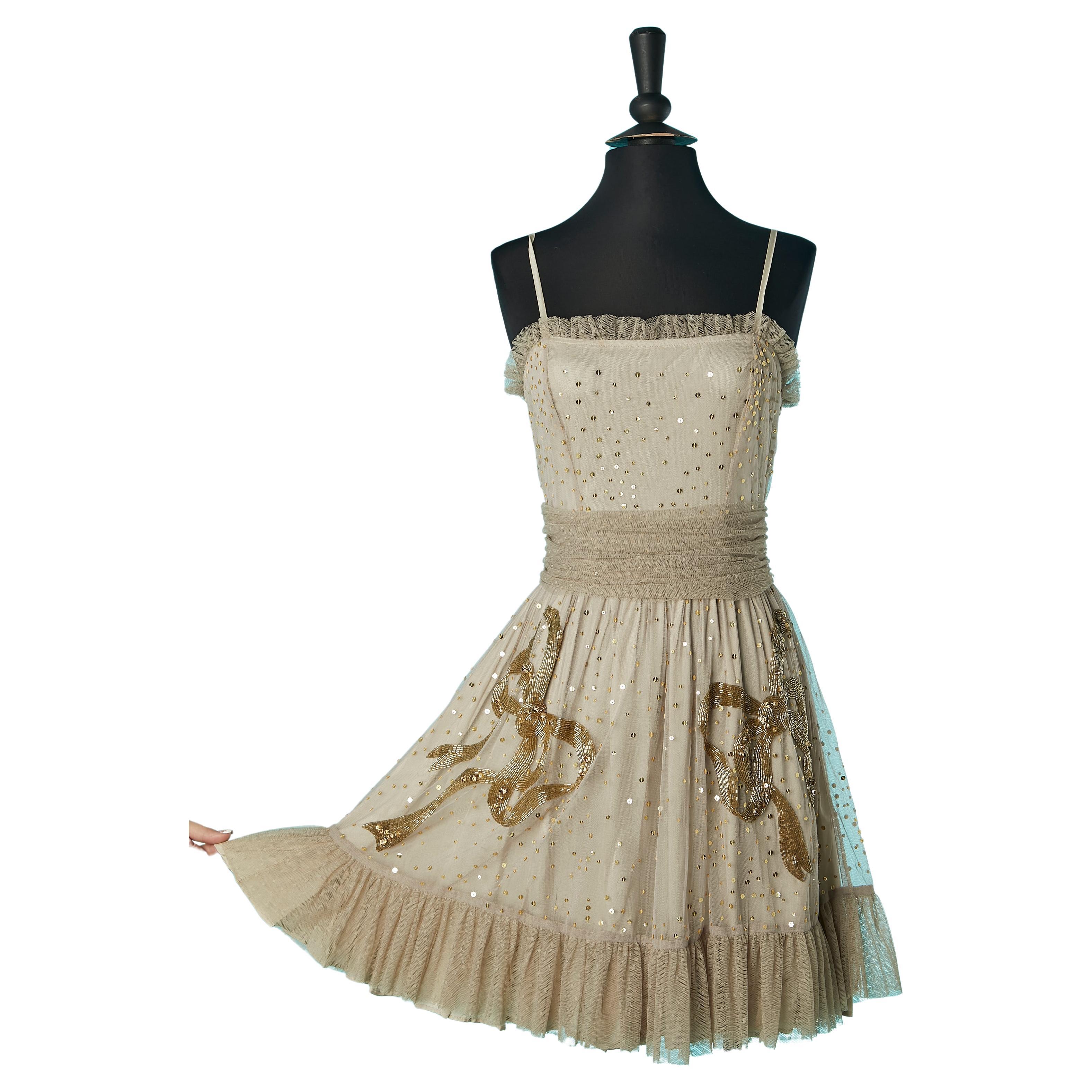 Beige tulle cocktail dress with beads and sequin embroideries Red Valentino  For Sale