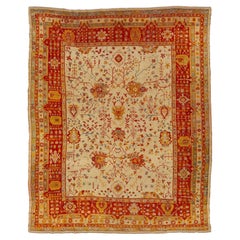 Beige Turkish Oushak Antique Wool Rug Handmade Featuring a Floral Pattern