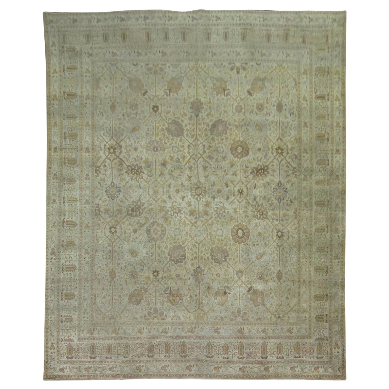 Beige Umber Brown Antique Persian Tabriz Carpet For Sale