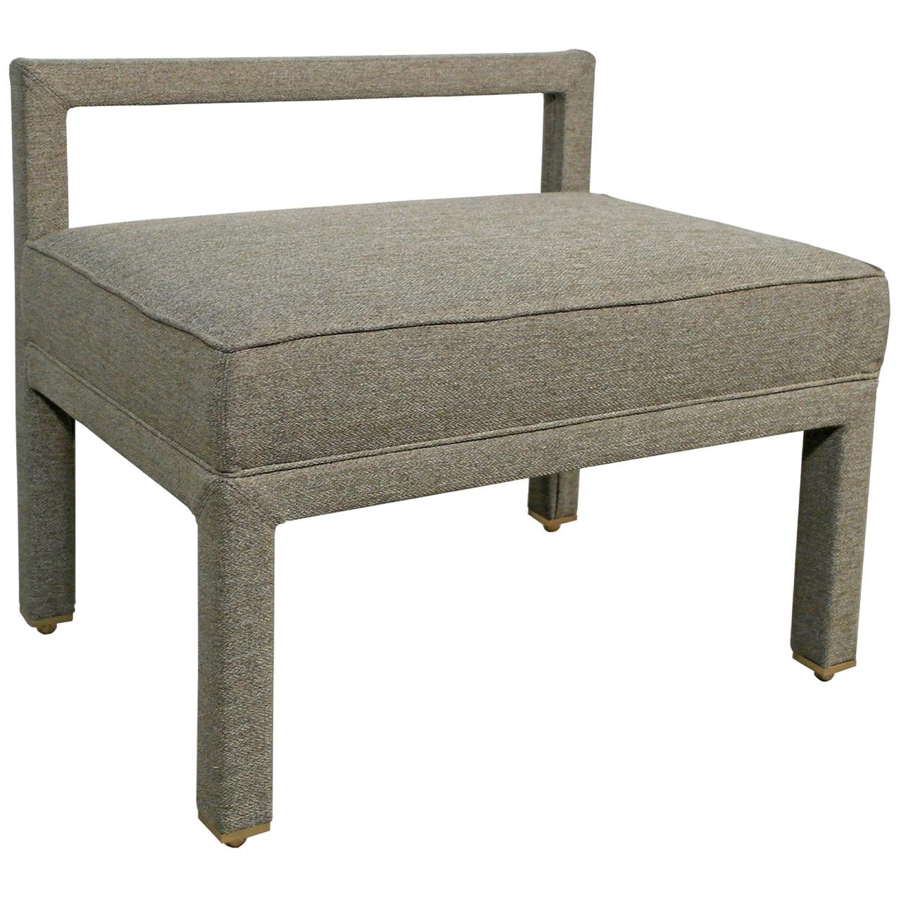 grey vanity stool chair with short back and solid wood legs
