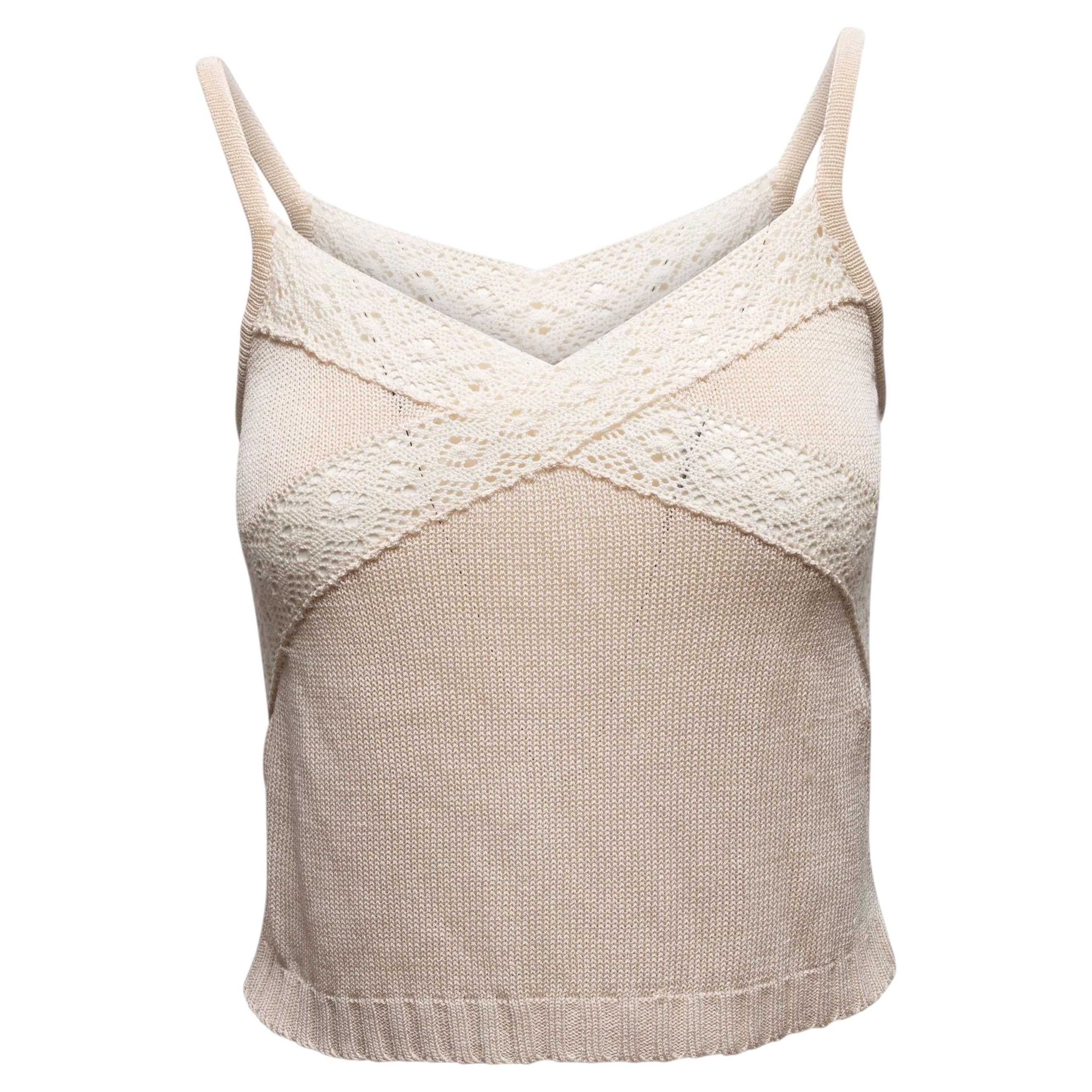 Beige Valentino Silk-Blend Crochet-Trimmed Knit Tank Top Size US S