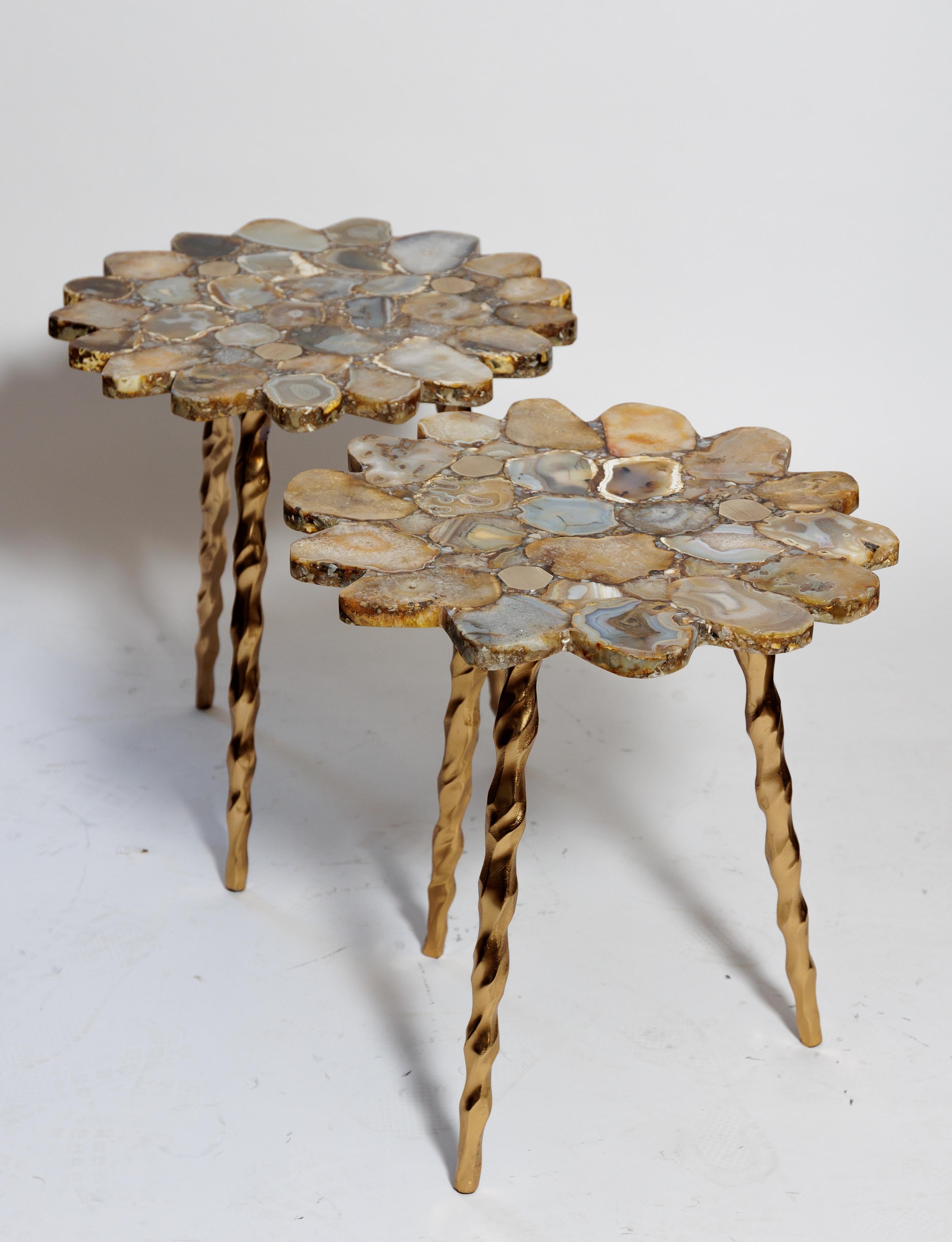 Other Beige Varieties of Natural Stone Top Table with Three Metal Leg Base For Sale