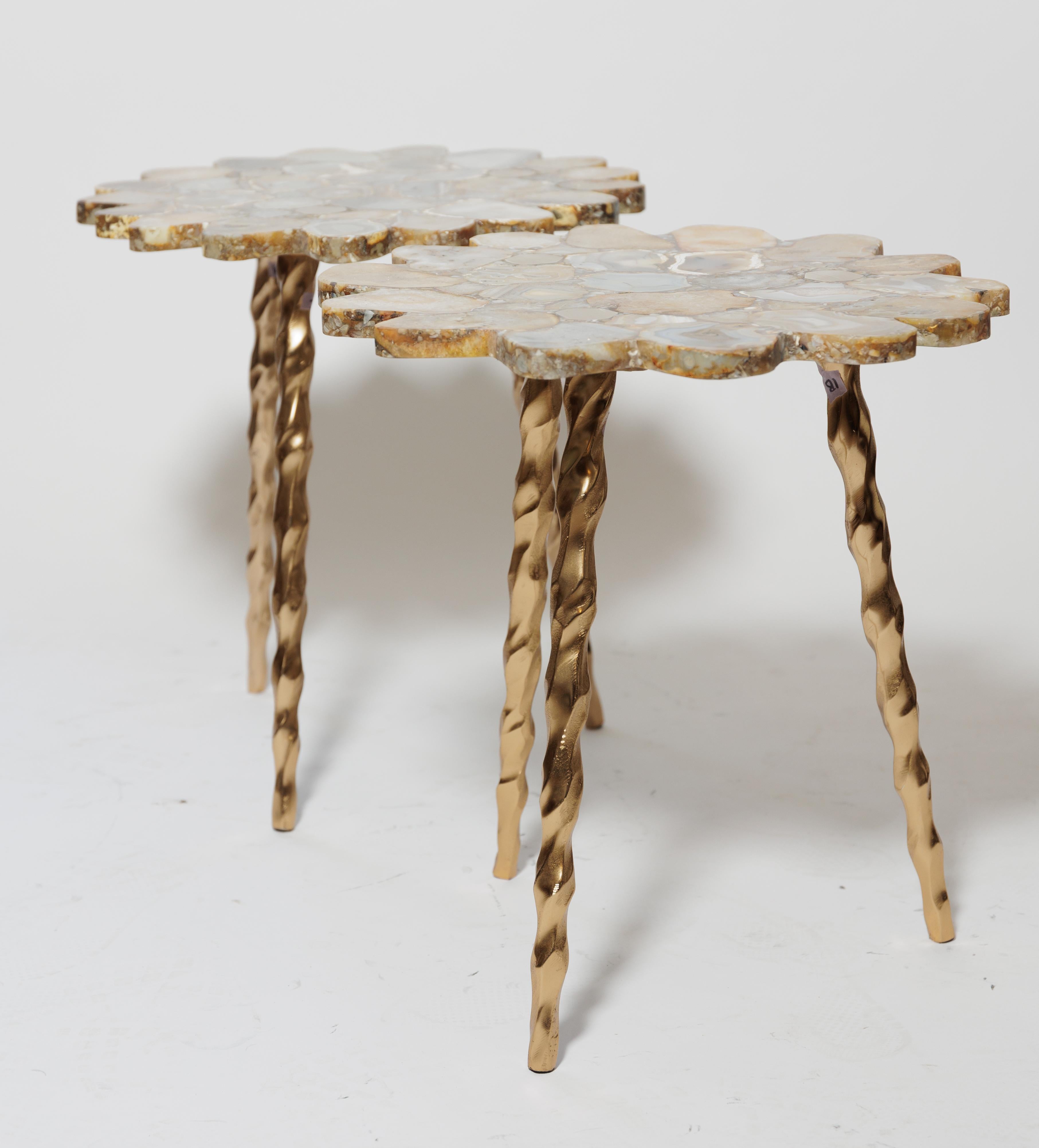 Beige Varieties of Natural Stone Top Table with Three Metal Leg Base In Excellent Condition For Sale In Bridgehampton, NY
