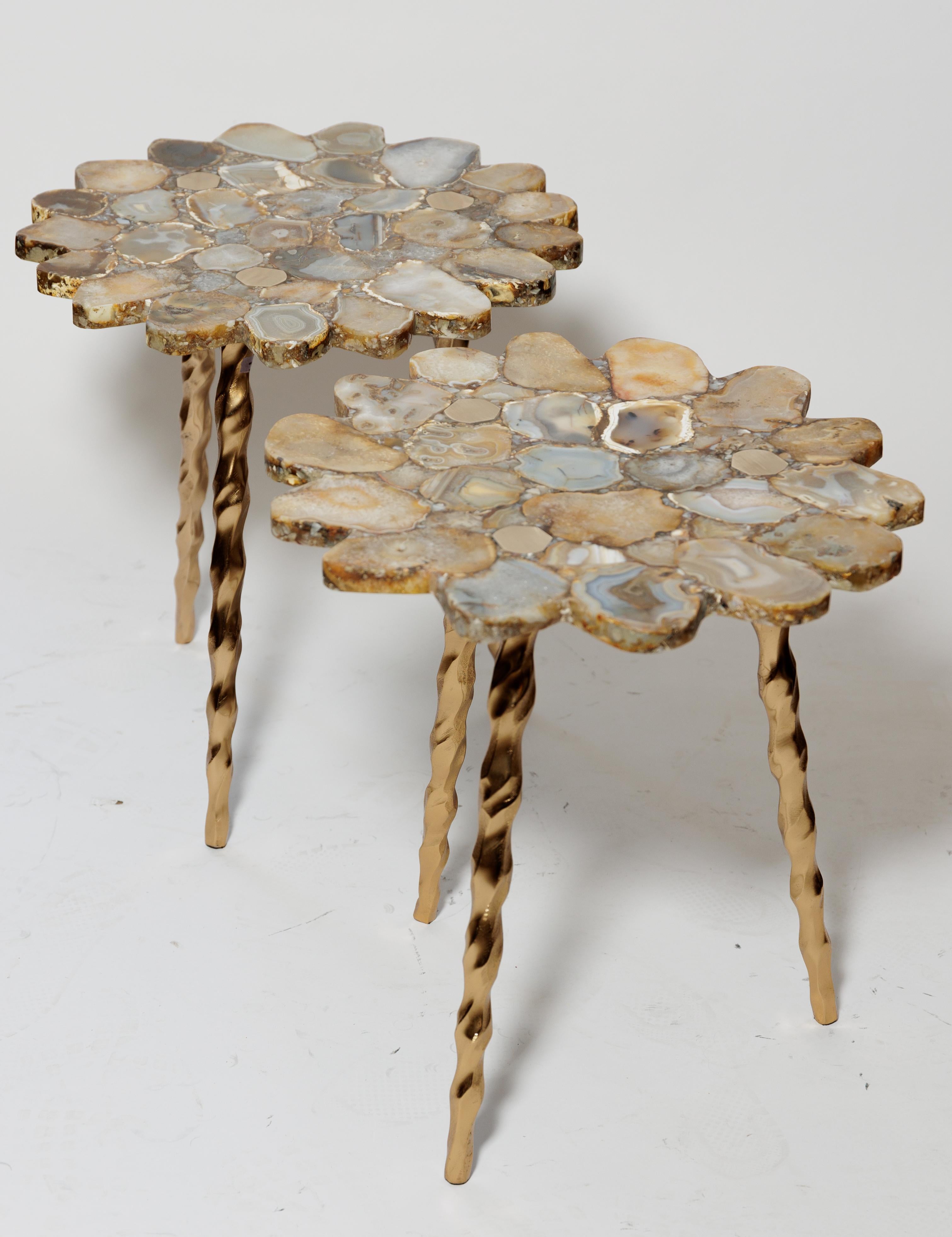 Contemporary Beige Varieties of Natural Stone Top Table with Three Metal Leg Base For Sale