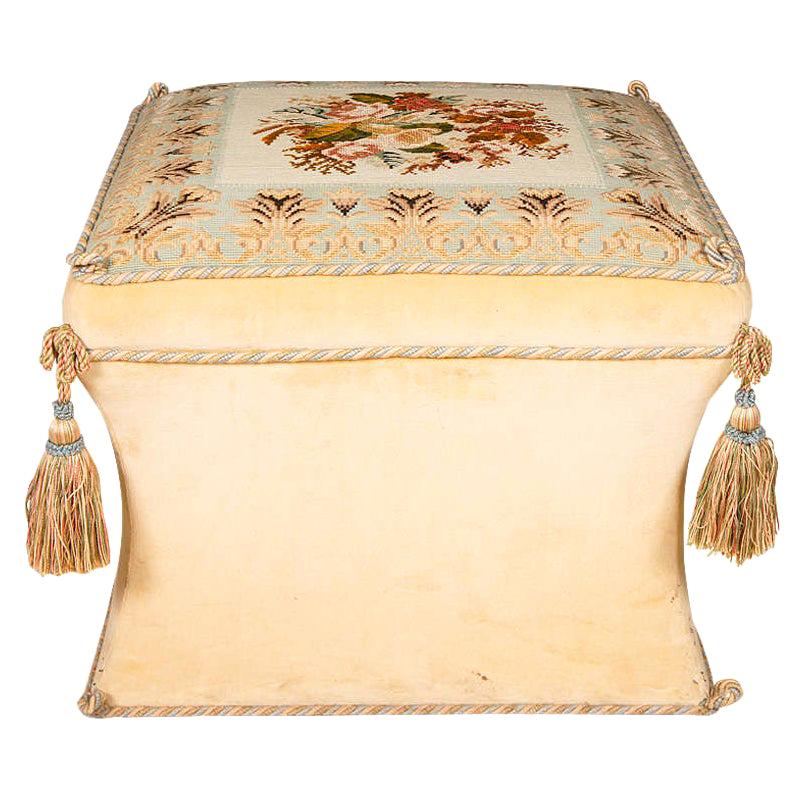 Beige Velvet Upholstered Victorian Style Ottoman With Needlework Seat For Sale