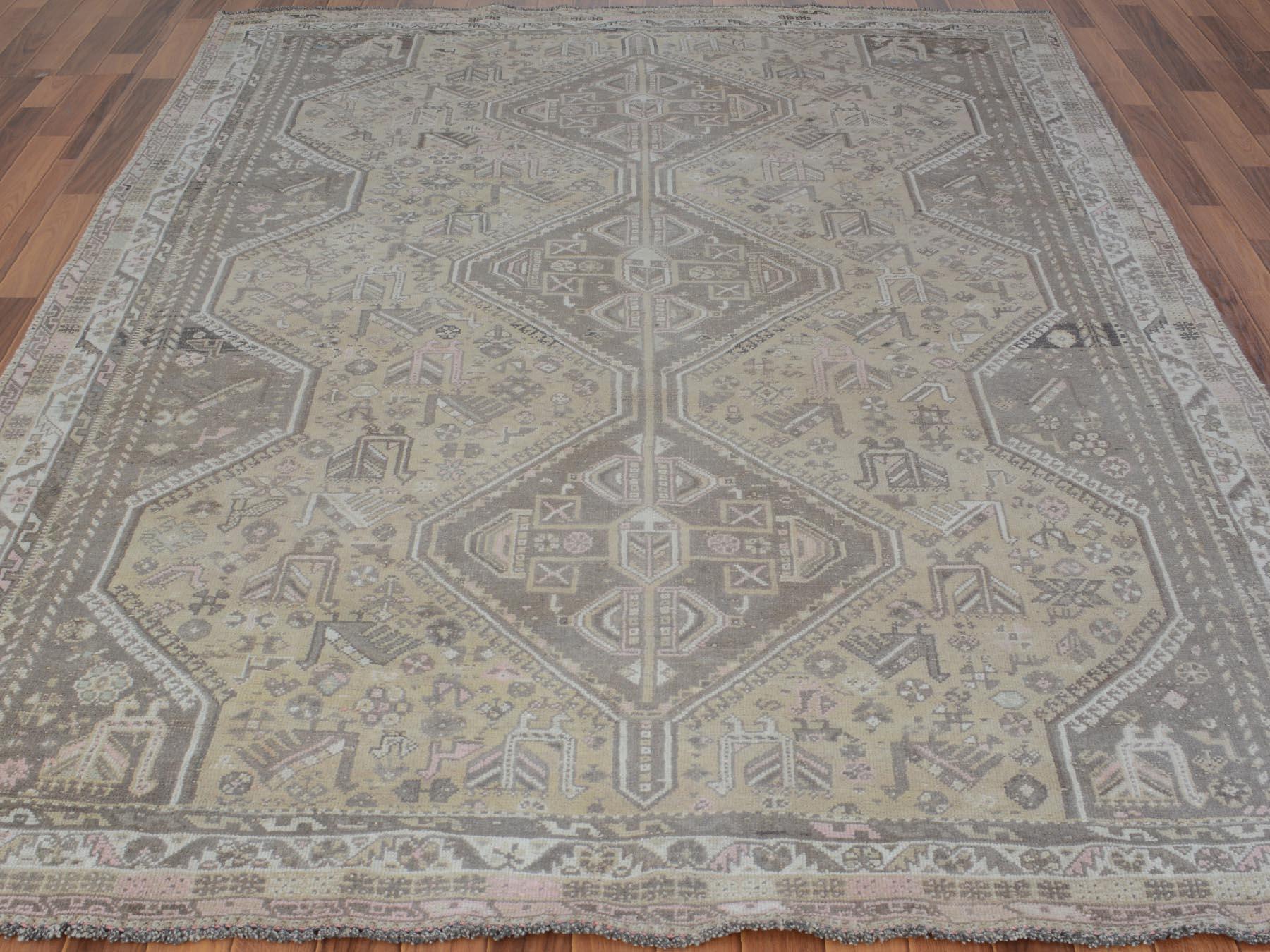 Medieval Beige Vintage and Worn Down Persian Qashqai Pure Wool Hand Knotted Oriental Rug For Sale