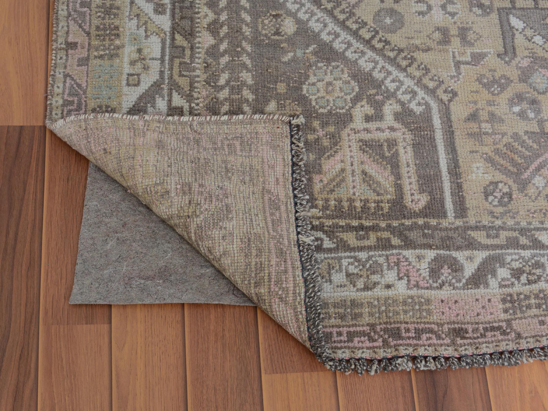 Beige Vintage and Worn Down Persian Qashqai Pure Wool Hand Knotted Oriental Rug In Good Condition For Sale In Carlstadt, NJ