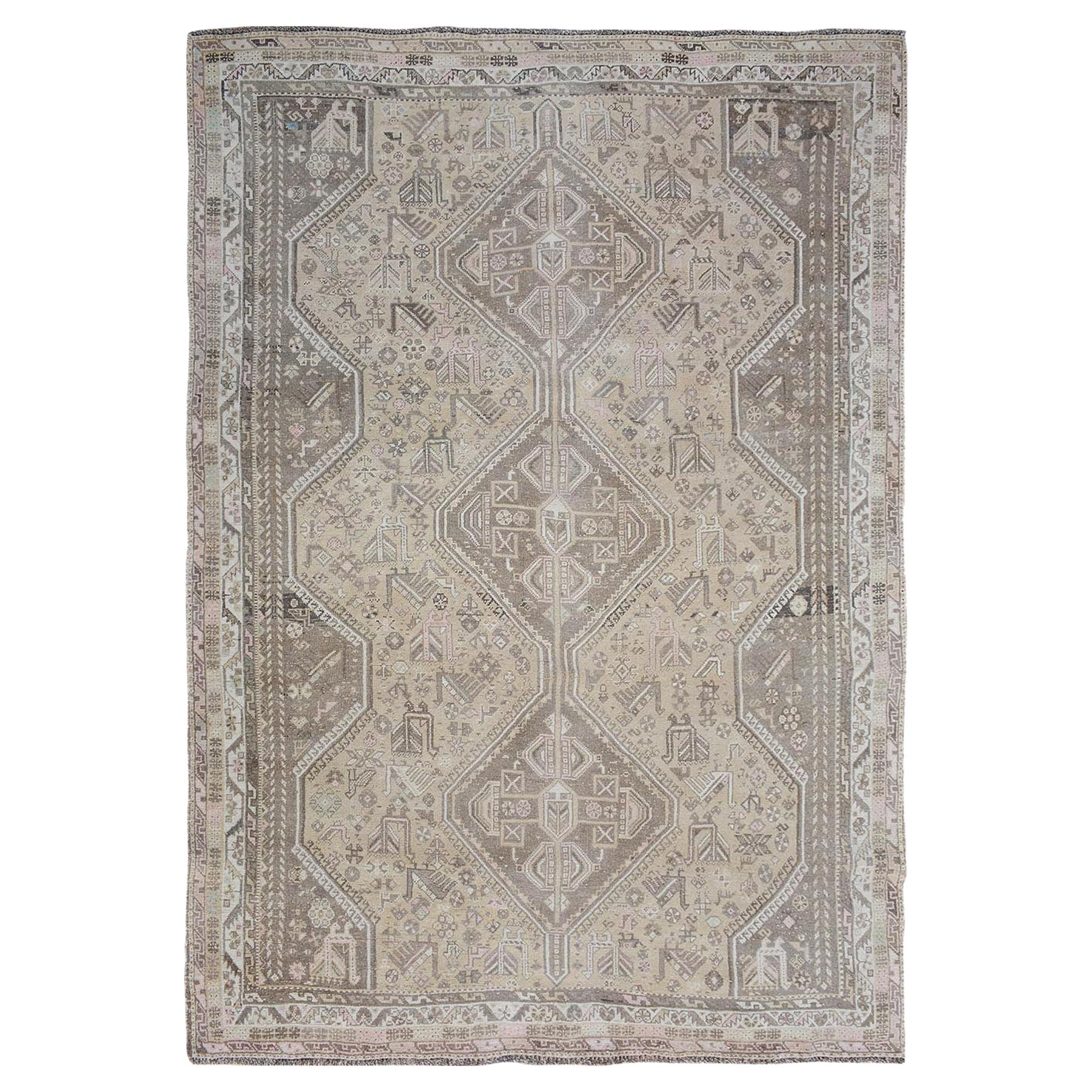 Beige Vintage and Worn Down Persian Qashqai Pure Wool Hand Knotted Oriental Rug For Sale