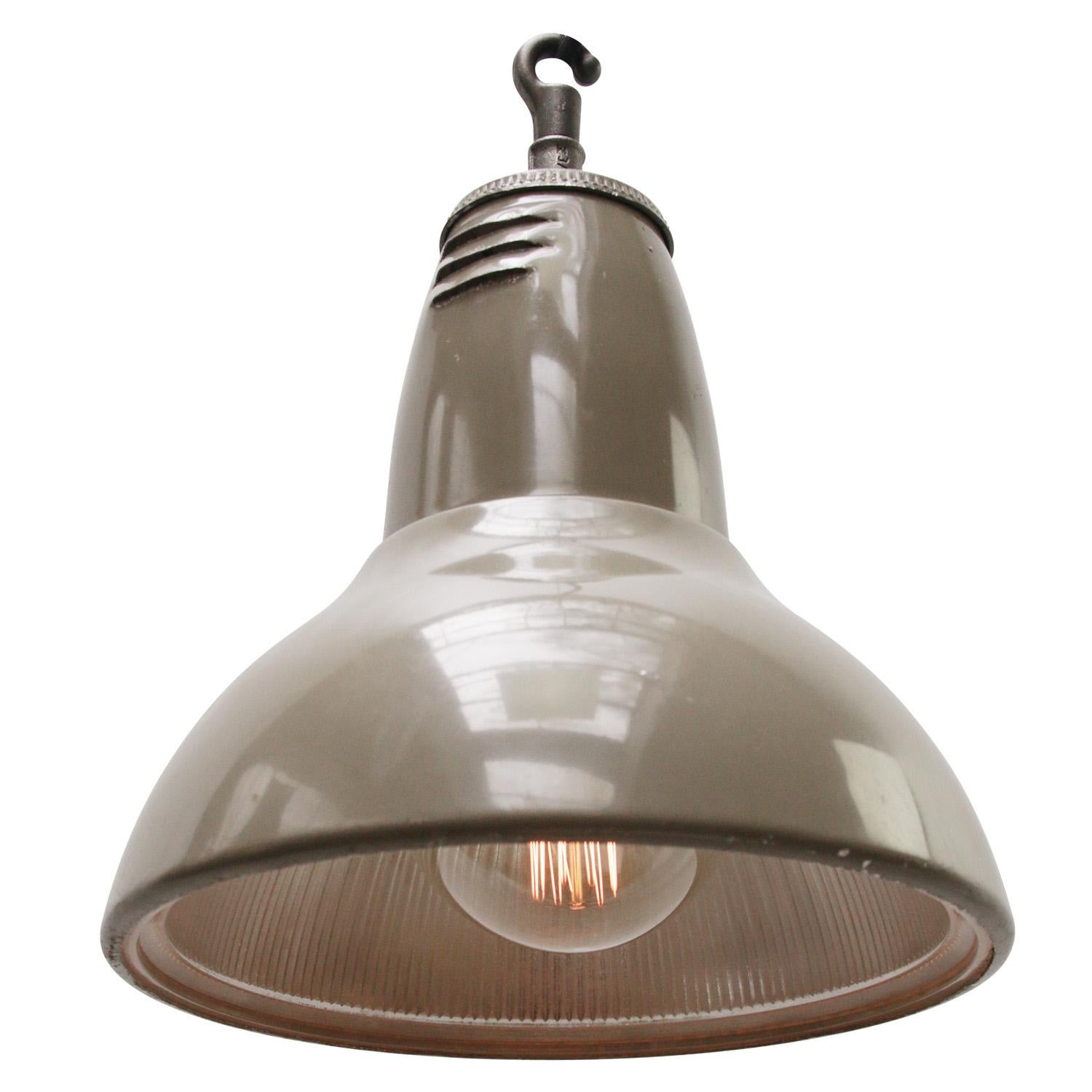 French Beige Vintage Industrial Clear Striped Glass Pendant Lamp by Holophane Paris