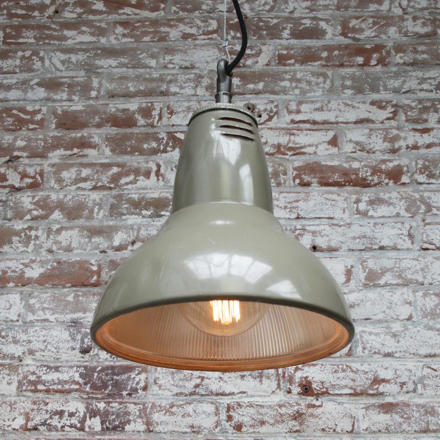 20th Century Beige Vintage Industrial Clear Striped Glass Pendant Lamp by Holophane Paris