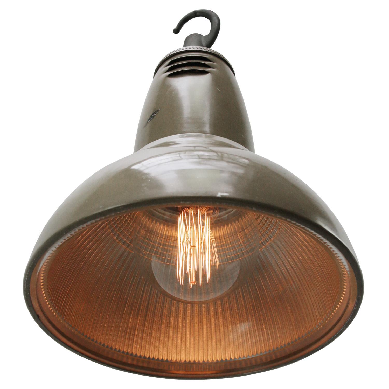 French Beige Vintage Industrial Clear Striped Glass Pendant Lamps by Holophane Paris For Sale