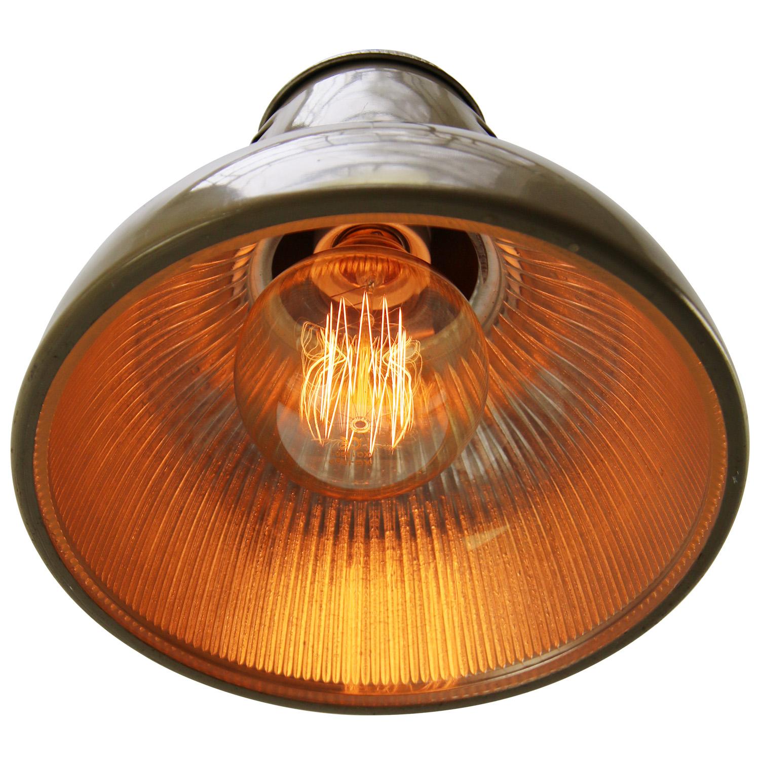 Beige Vintage Industrial Clear Striped Glass Pendant Lamp by Holophane Paris In Good Condition In Amsterdam, NL