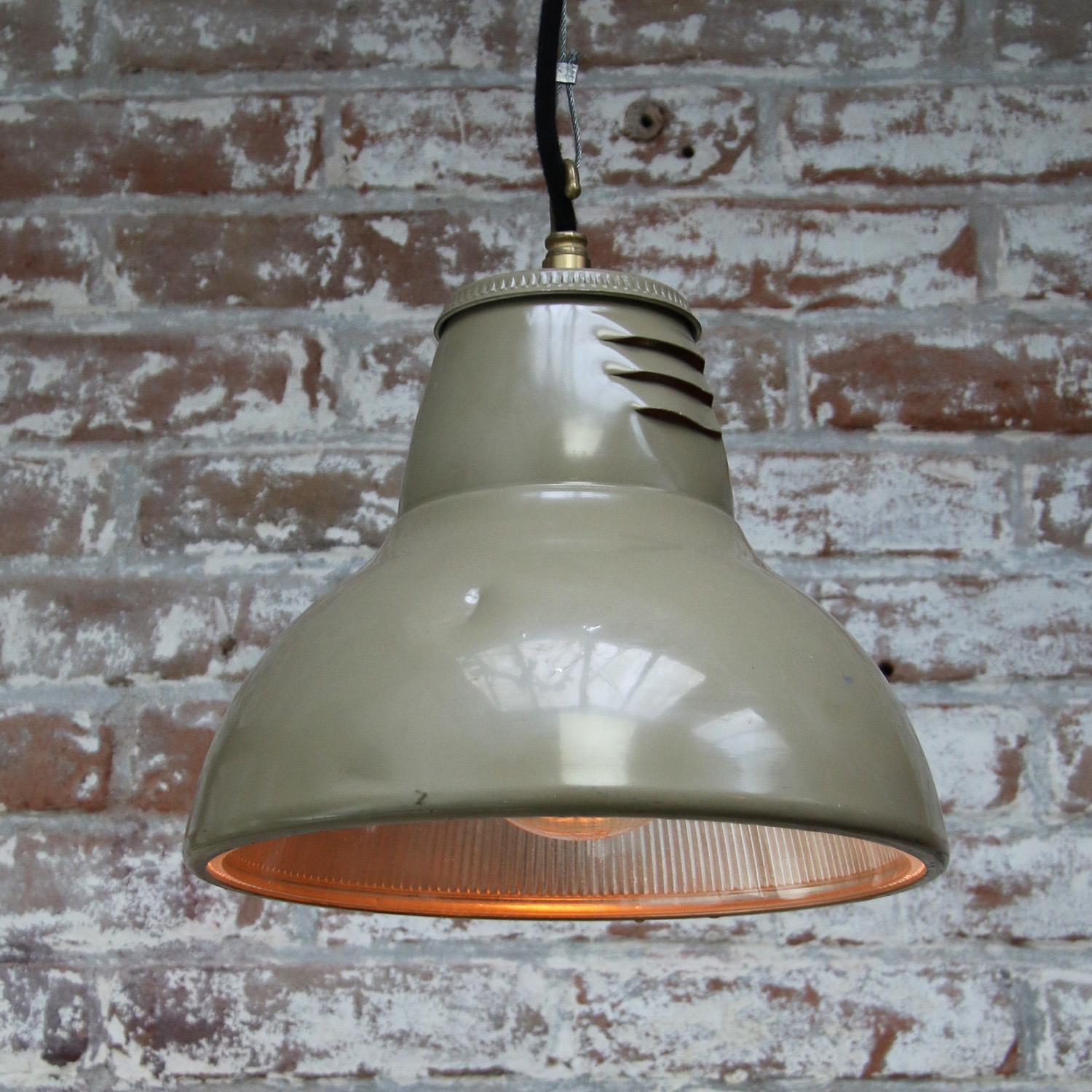 20th Century Beige Vintage Industrial Clear Striped Glass Pendant Lamp by Holophane Paris