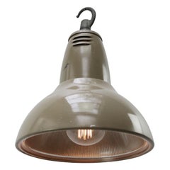 Beige Vintage Industrial Clear Striped Glass Pendant Lamps by Holophane Paris