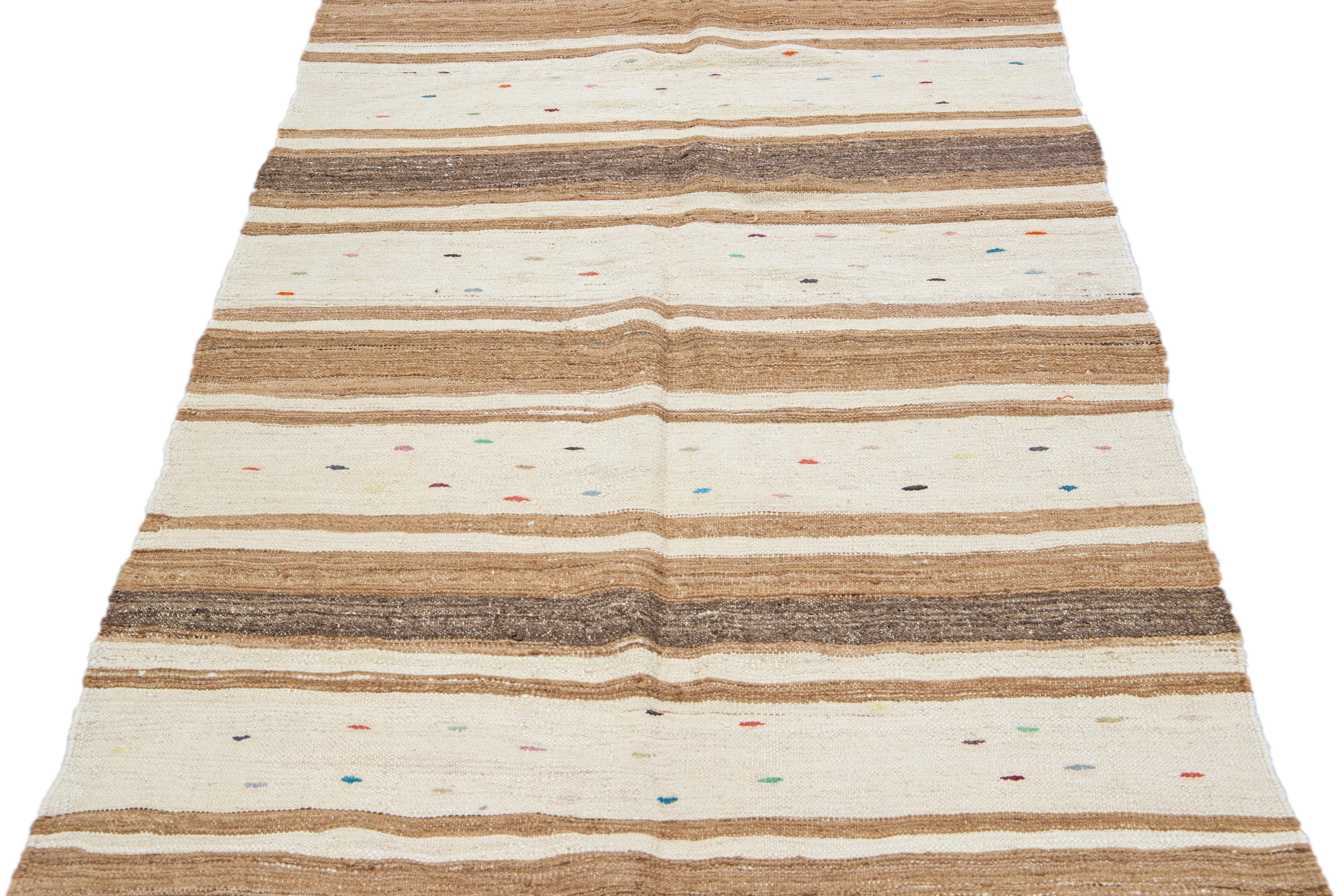 Turkish Beige Vintage Kilim Handmade Flatweave Striped Motif Wool Runner For Sale