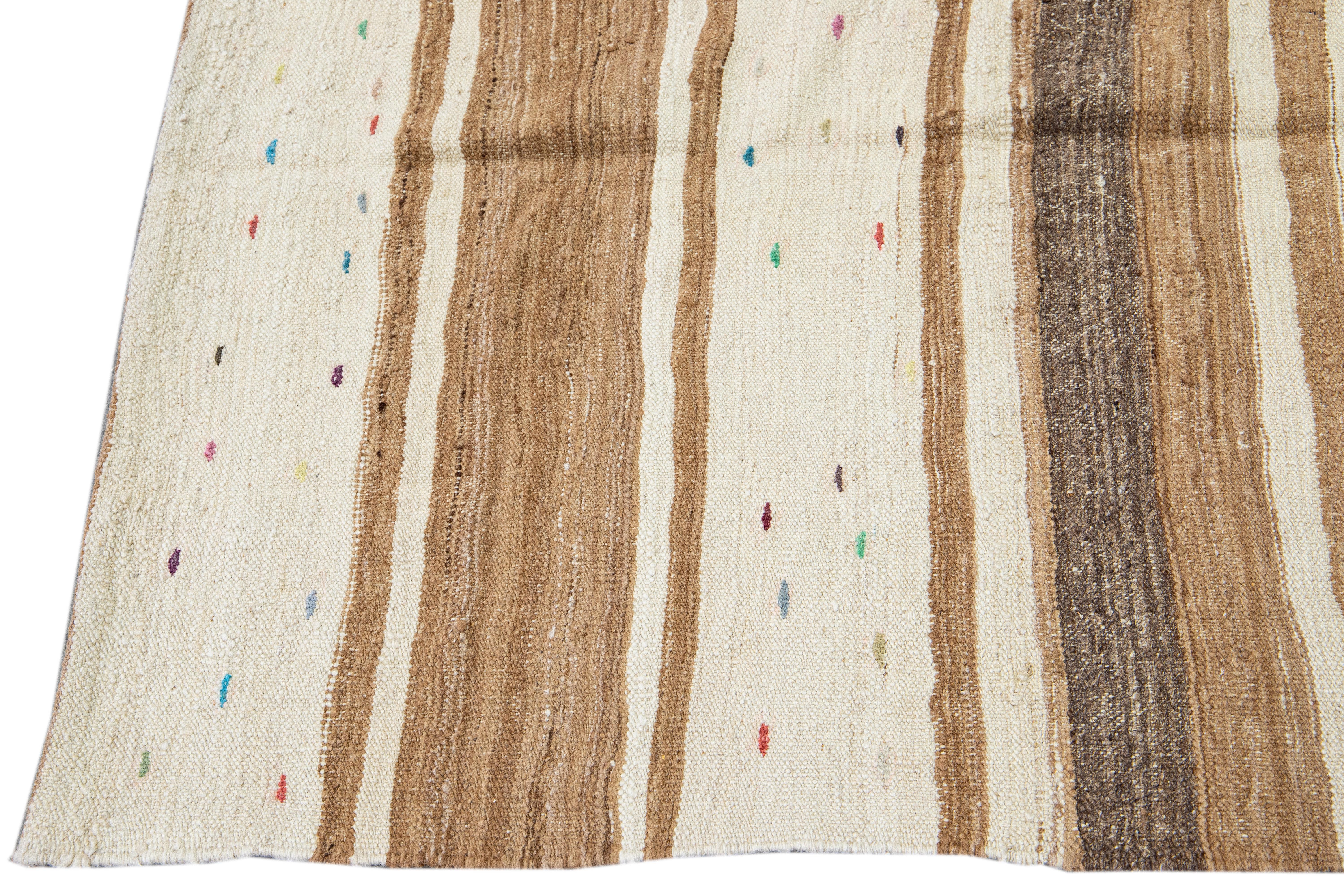 Hand-Knotted Beige Vintage Kilim Handmade Flatweave Striped Motif Wool Runner For Sale