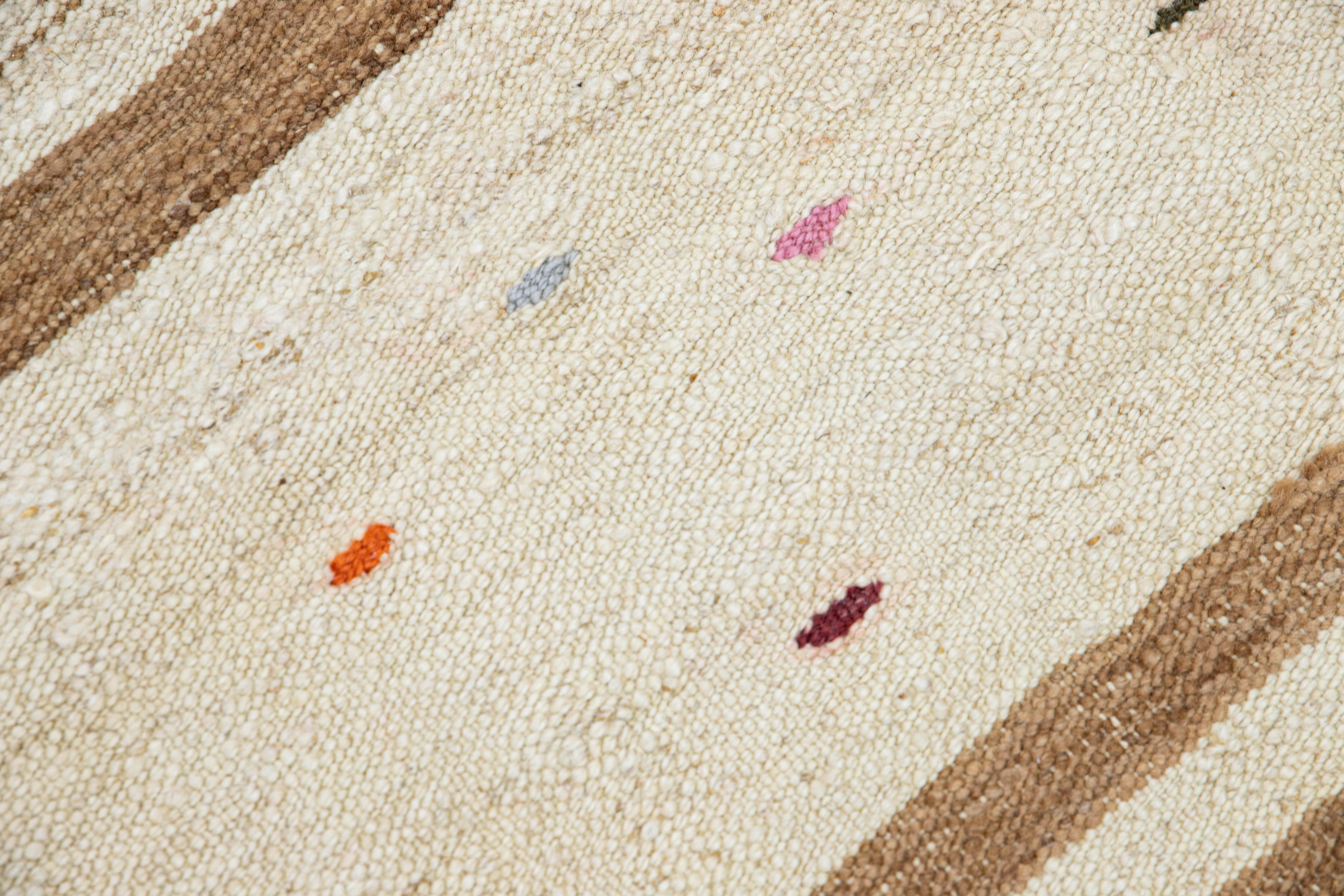 20th Century Beige Vintage Kilim Handmade Flatweave Striped Motif Wool Runner For Sale