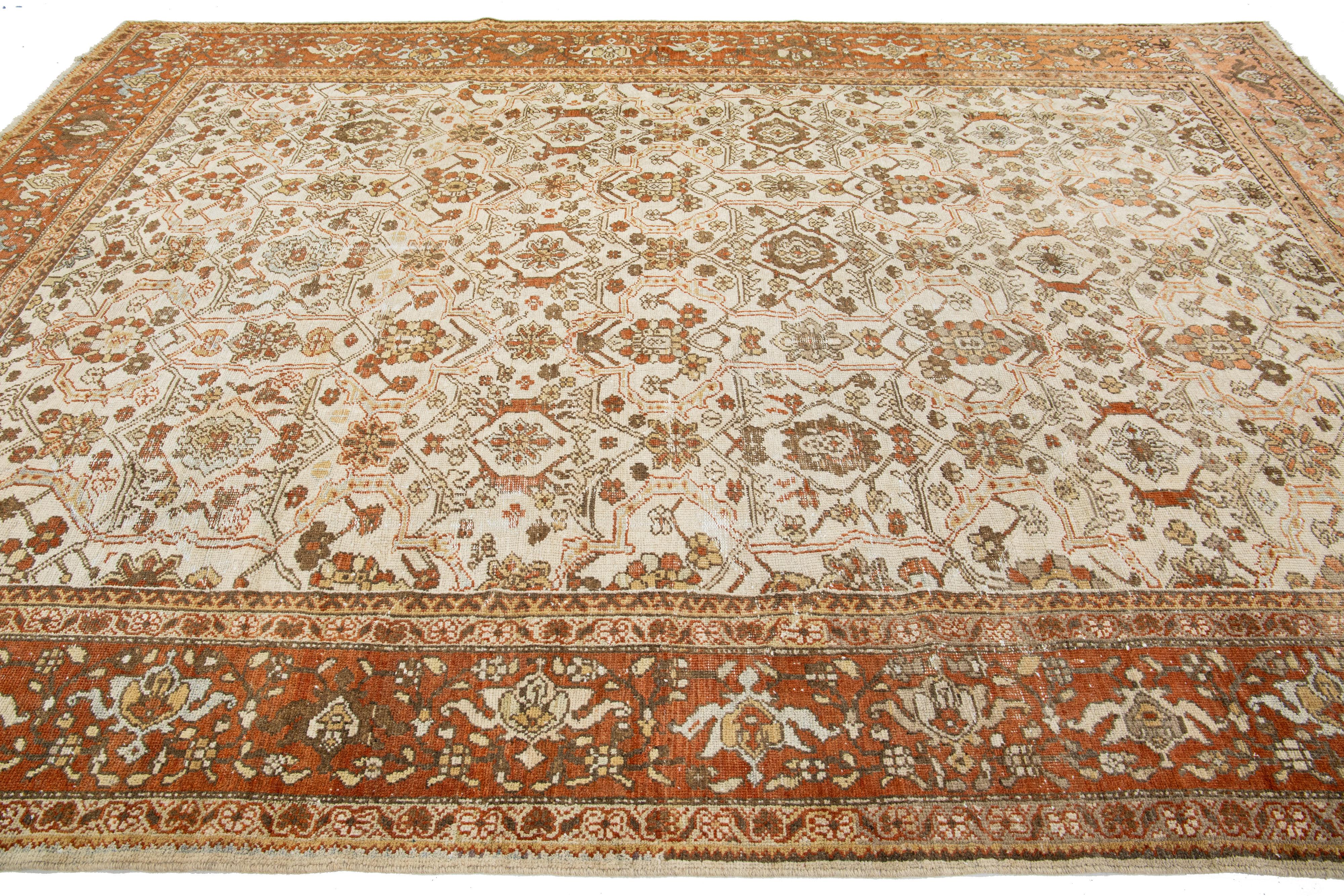 Hand-Knotted Beige Vintage Mahal Handmade Persian Wool Rug With Allover Motif  For Sale