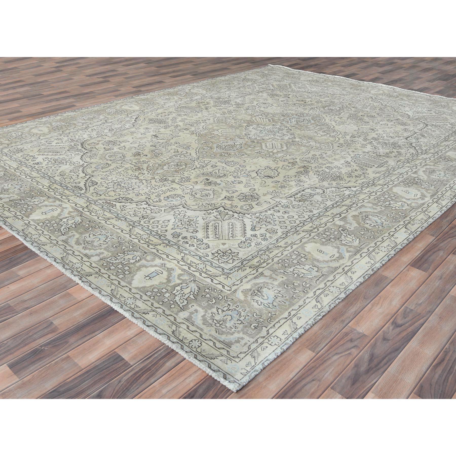 Hand-Knotted Beige Vintage Persian Tabriz Distressed Look Hand Knotted Worn Wool Rug For Sale