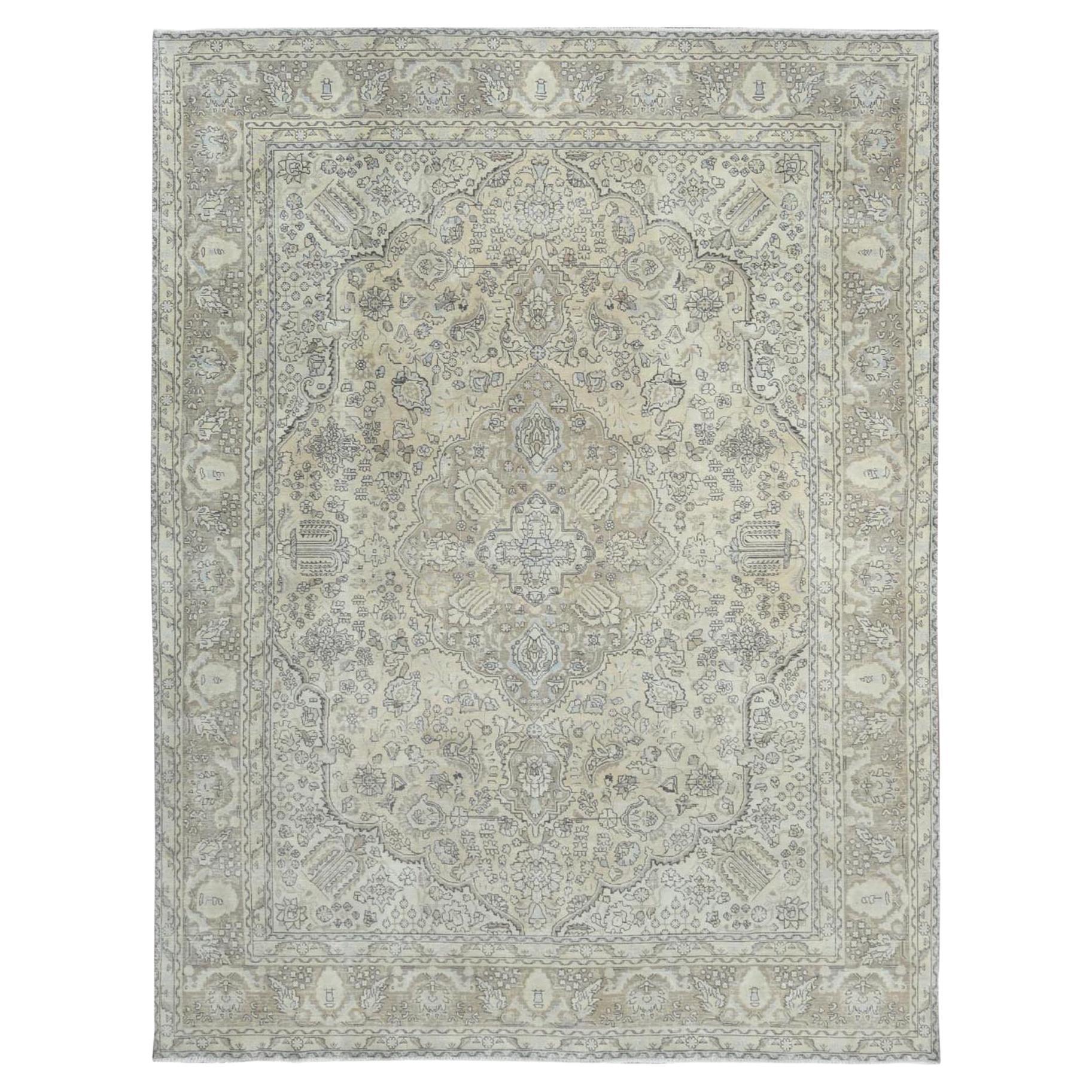 Beige Vintage Persian Tabriz Distressed Look Hand Knotted Worn Wool Rug