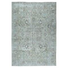 Beige Retro Persian Tabriz Worn Pile Hand Knotted Pure Wool Oriental Rug