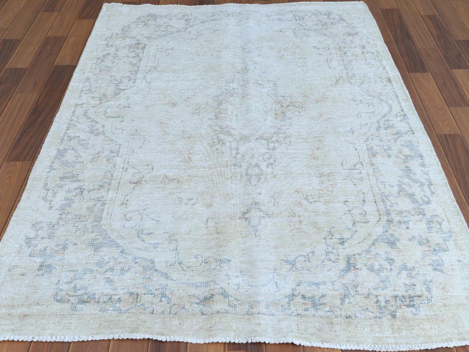 Medieval Beige Washed Out Old Persian Kerman Worn Down Pure Wool Hand Knotted Rug