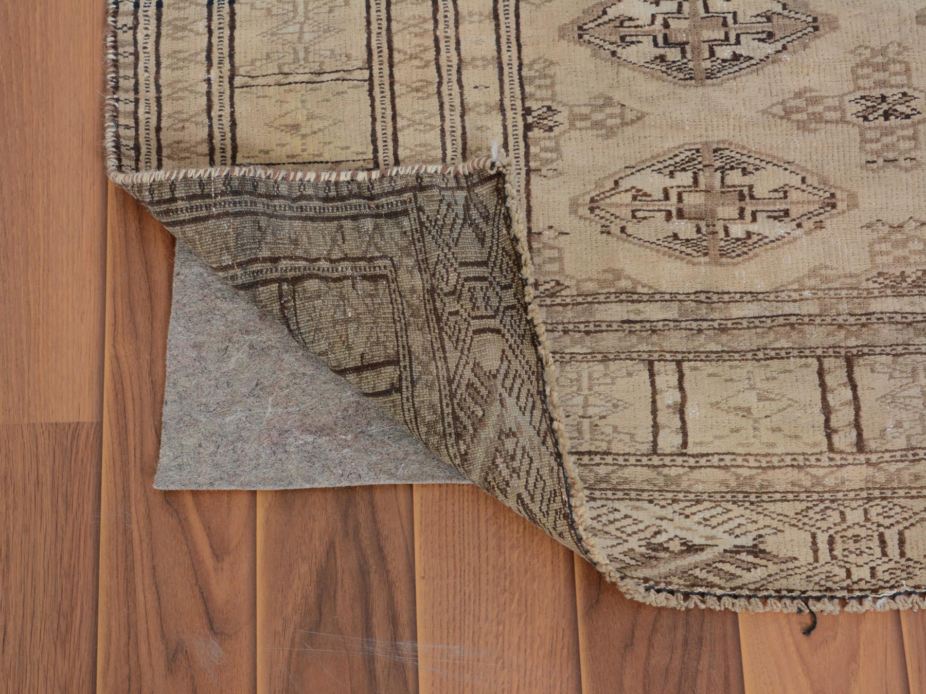Medieval Beige Washed Out Turkoman Bokara Worn Down Hand Knotted Oriental Rug