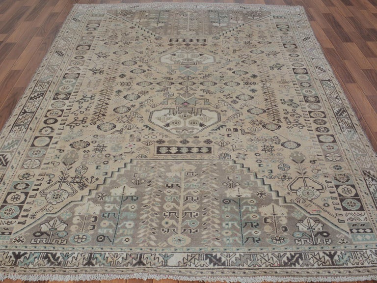 Beige Washed Out Vintage and Worn Down Persian Shiraz Hand Knotted ...